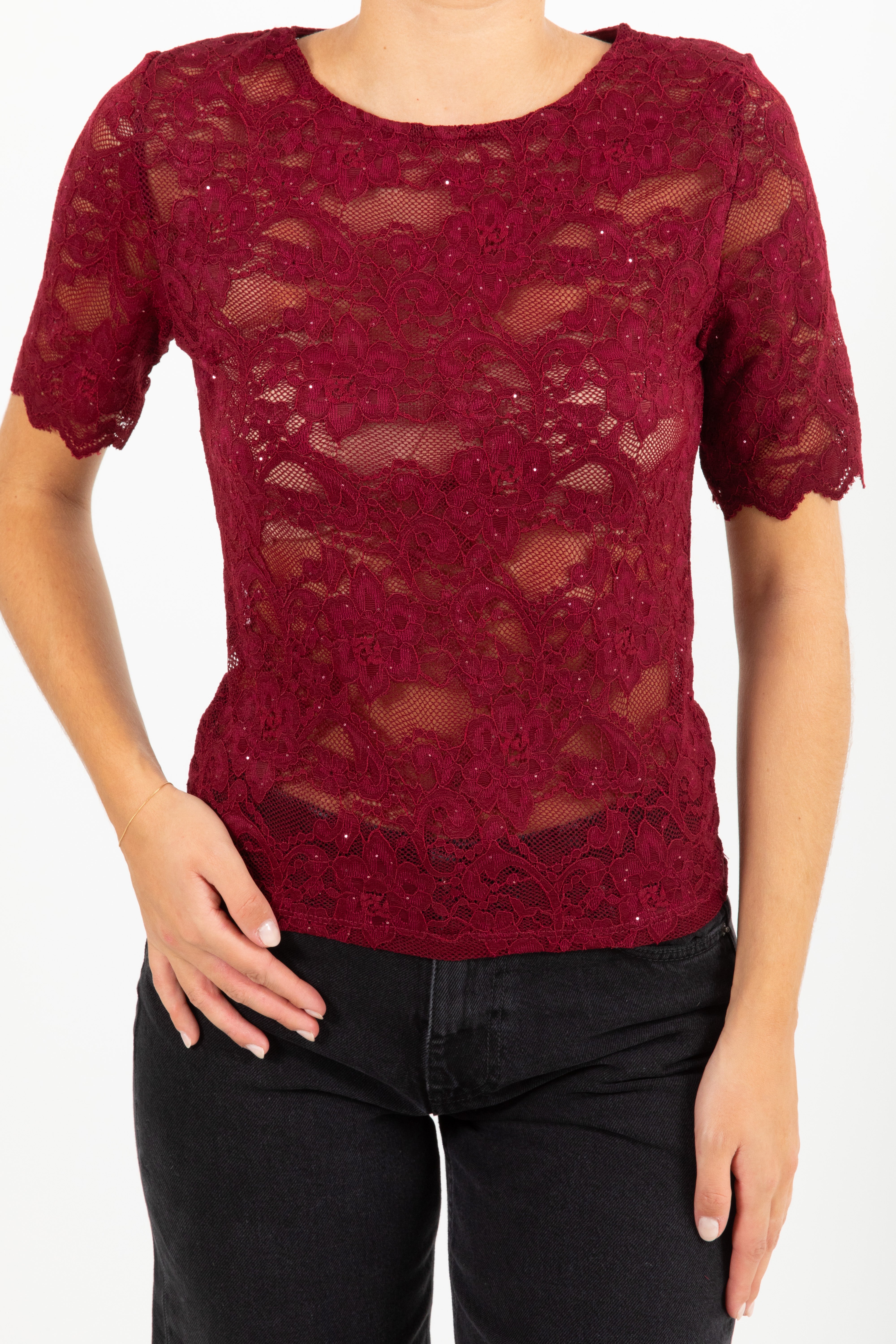 T-shirt in pizzo con micro paillettes Susy Mix