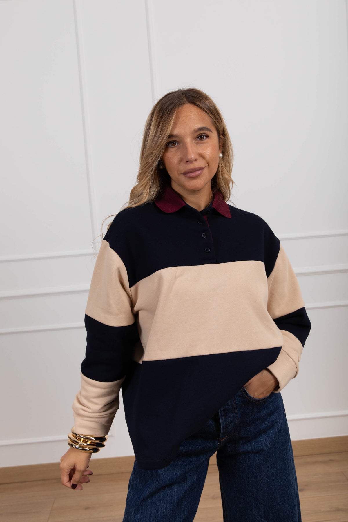 Polo felpata a righe larghe variante bordeaux/blu/avorio Tensione IN
