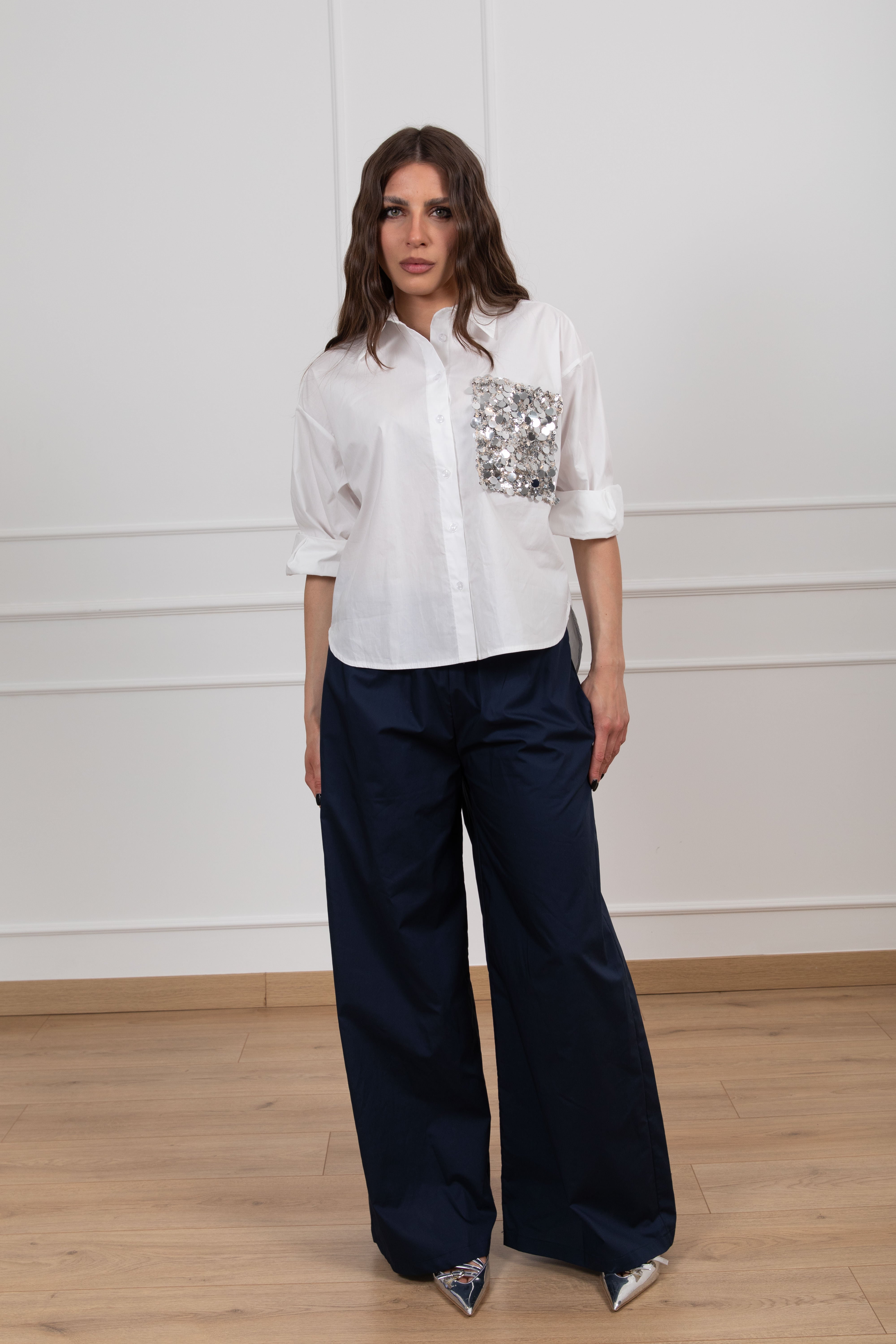 Pantalone gamba larga con tasca paillettes e elastico Motel