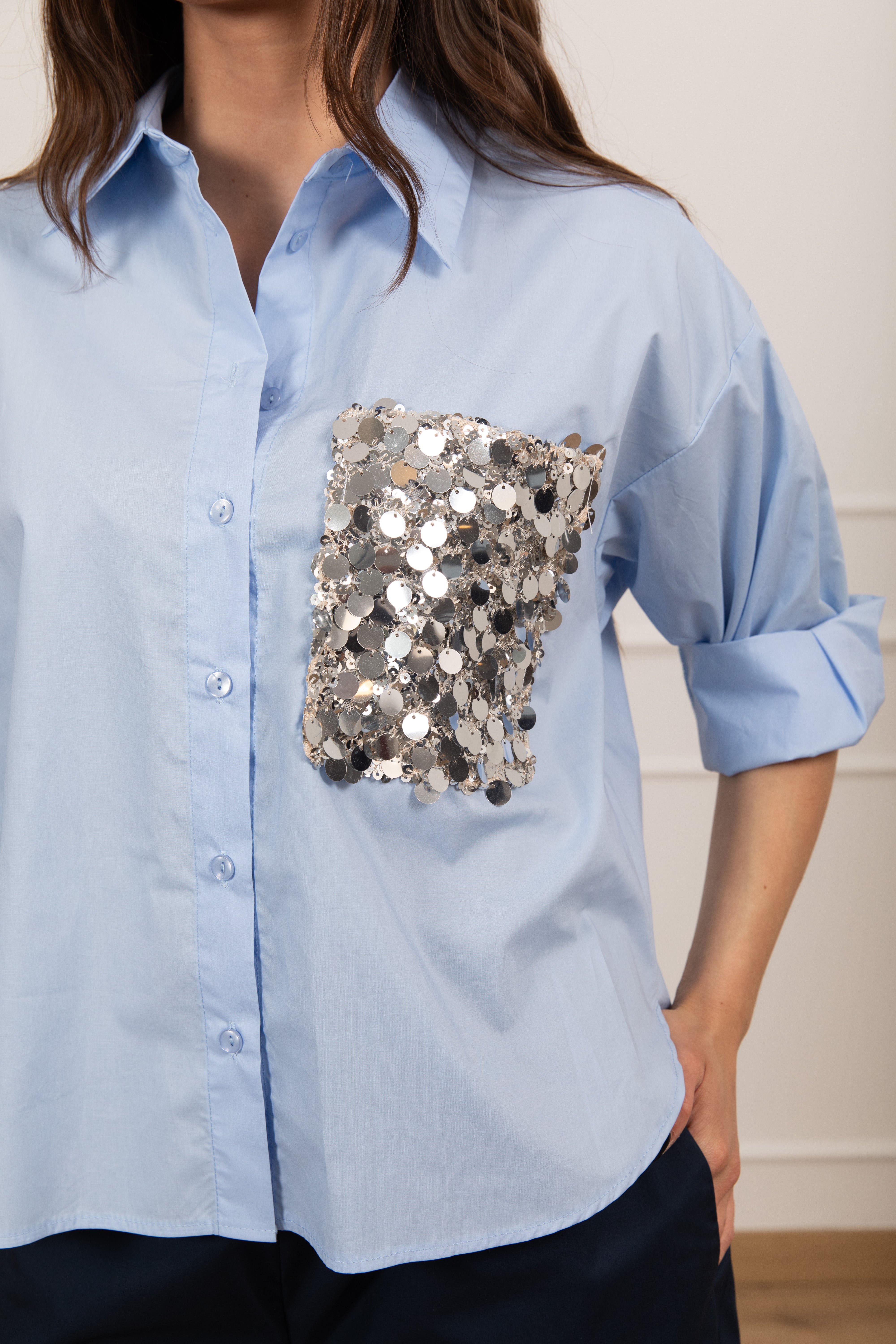 Camicia in cotone con tasca paillettes Motel