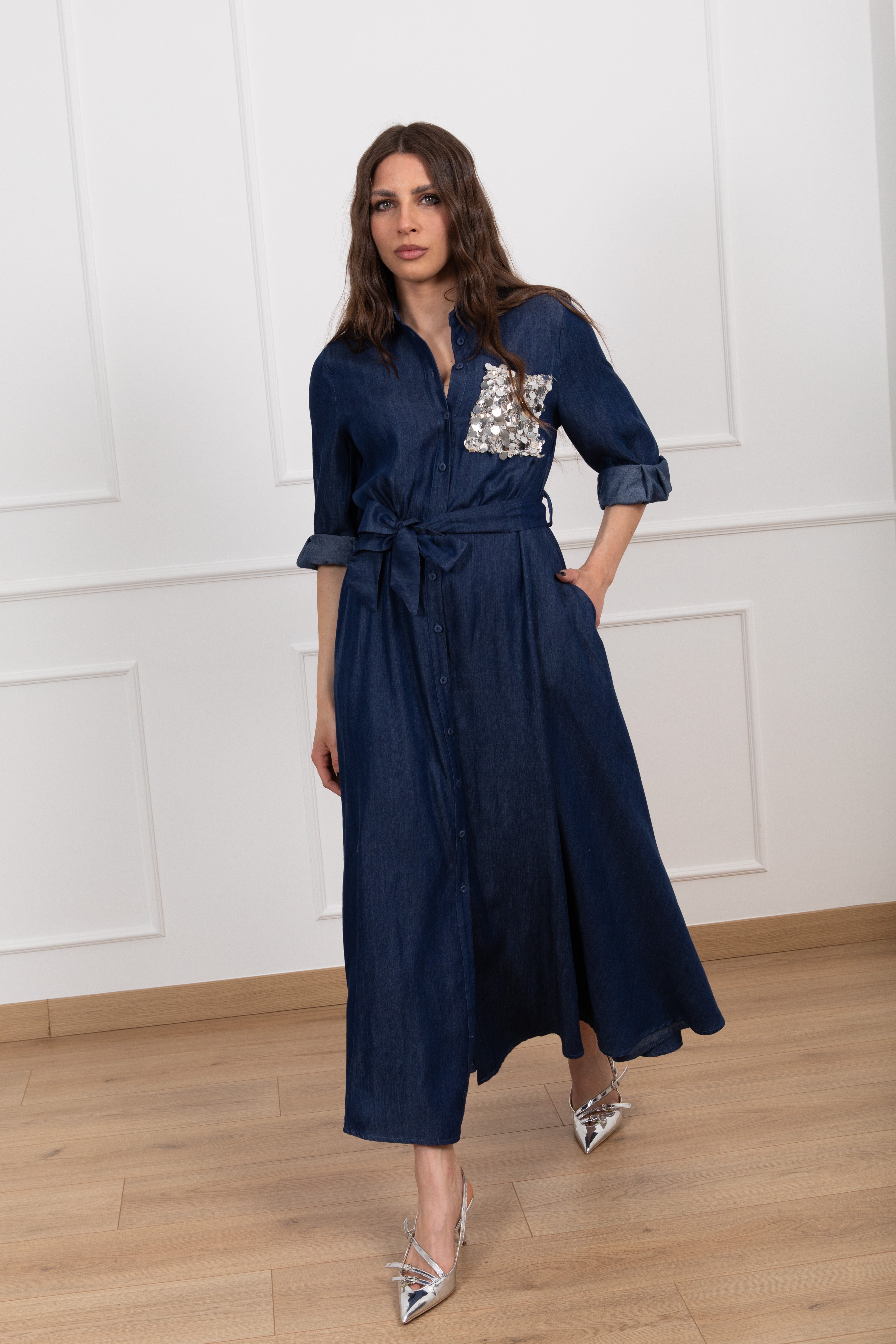 Abito lungo in chambrix con tasca paillettes Motel