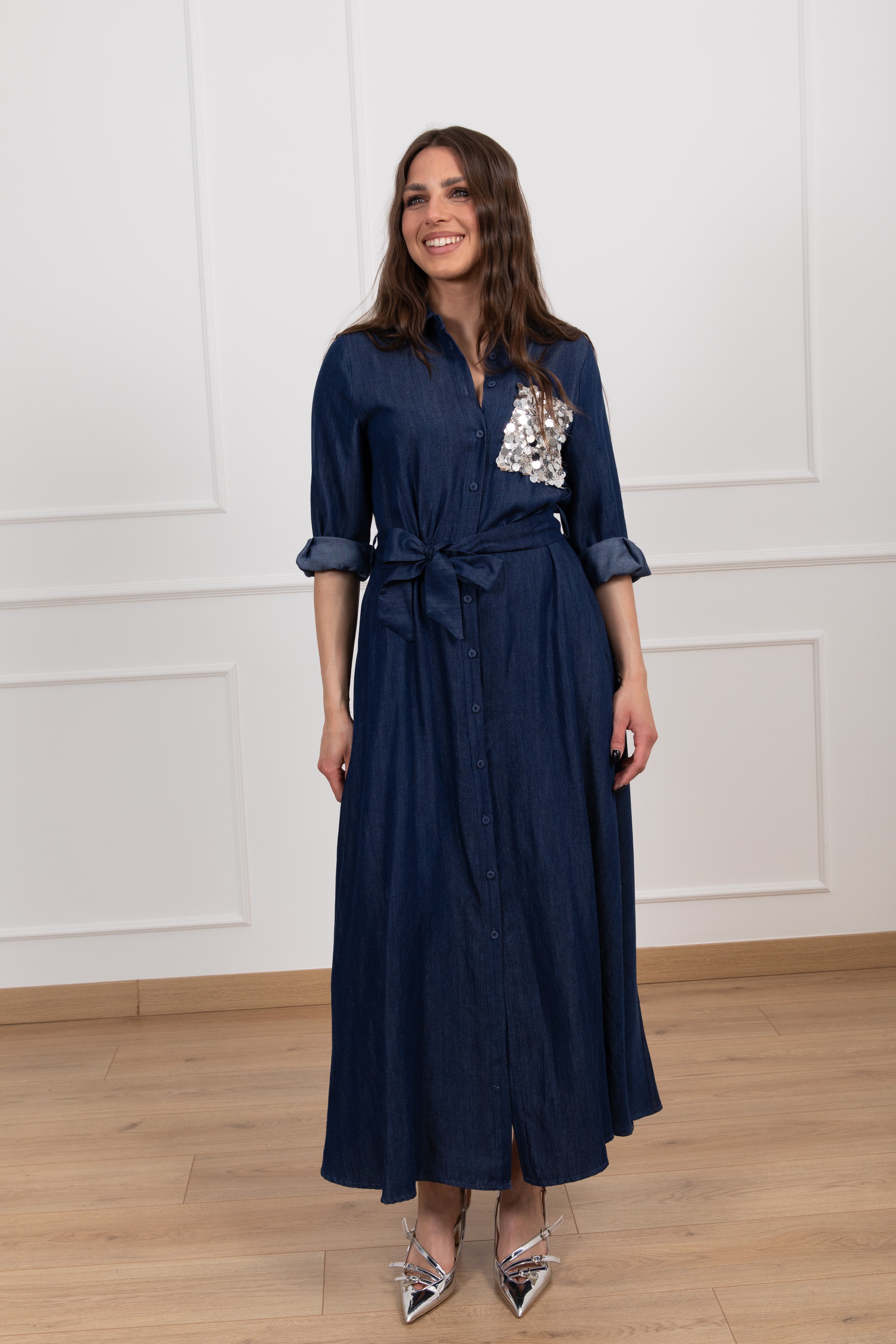 Abito lungo in chambrix con tasca paillettes Motel