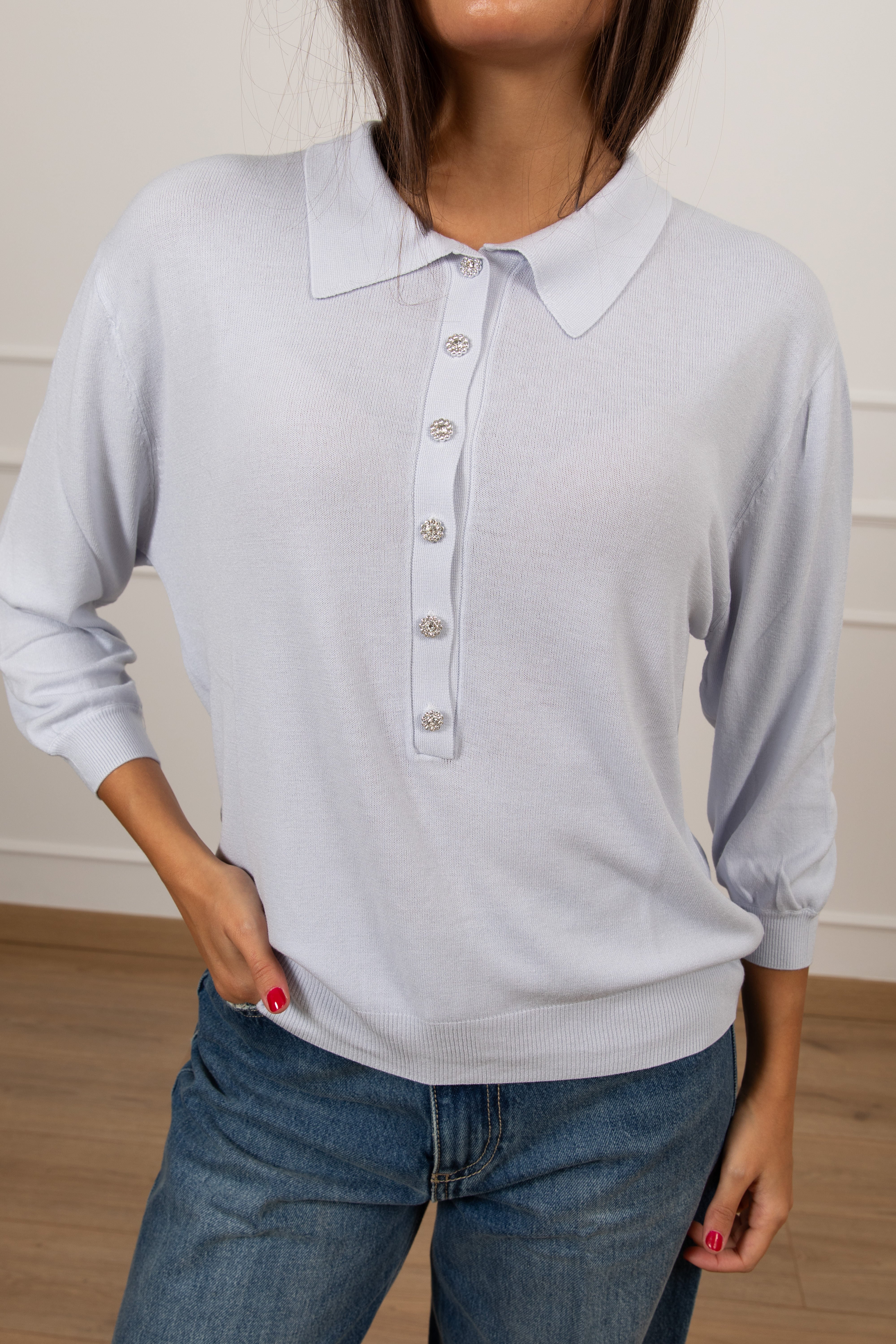 Polo in viscosa con bottoni gioiello Susy Mix