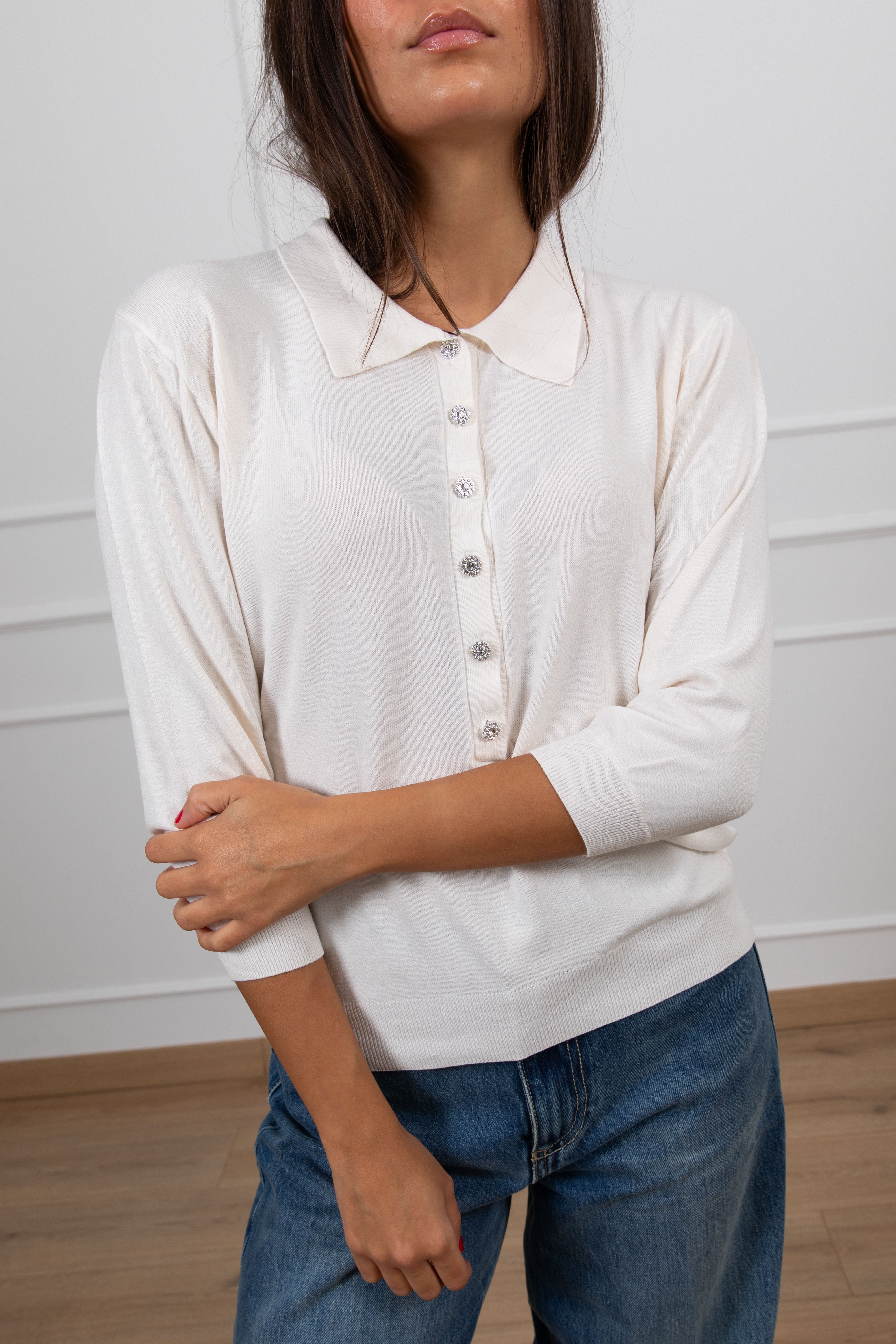 Polo in viscosa con bottoni gioiello Susy Mix