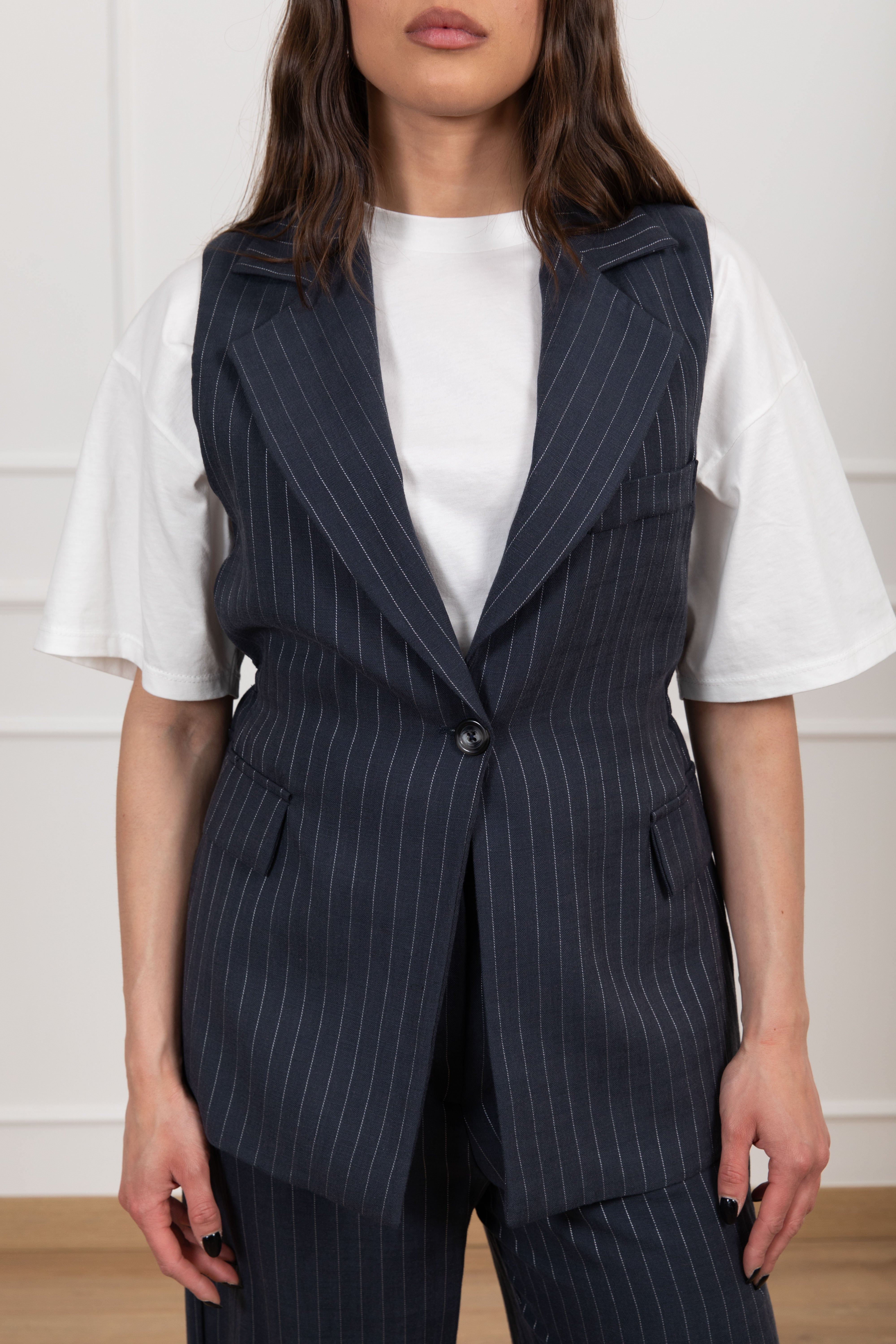 Gilet lungo gessato con elastico sul retro ViCOLO
