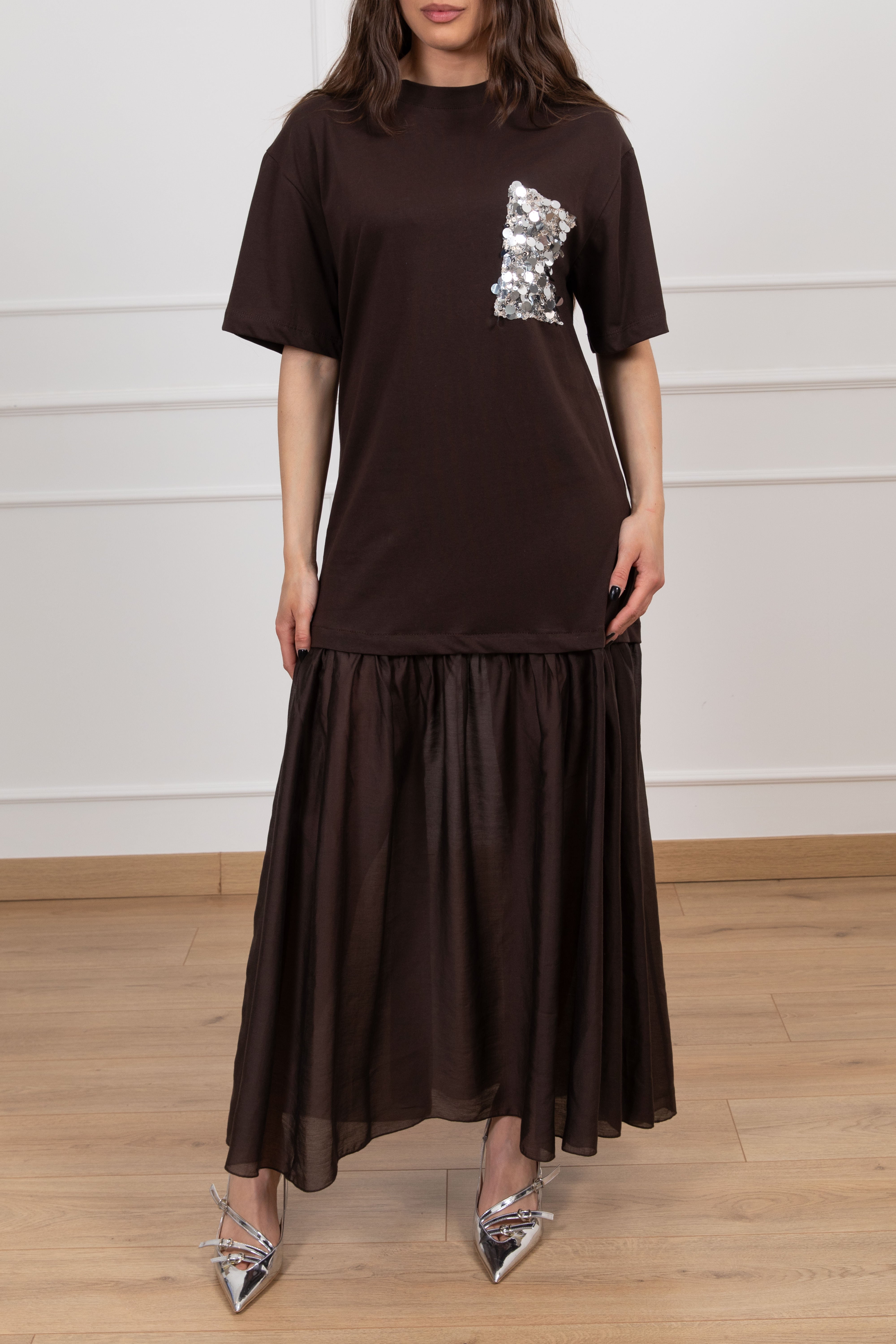 Abito t-shirt bi-materico con tasca paillettes Tensione IN