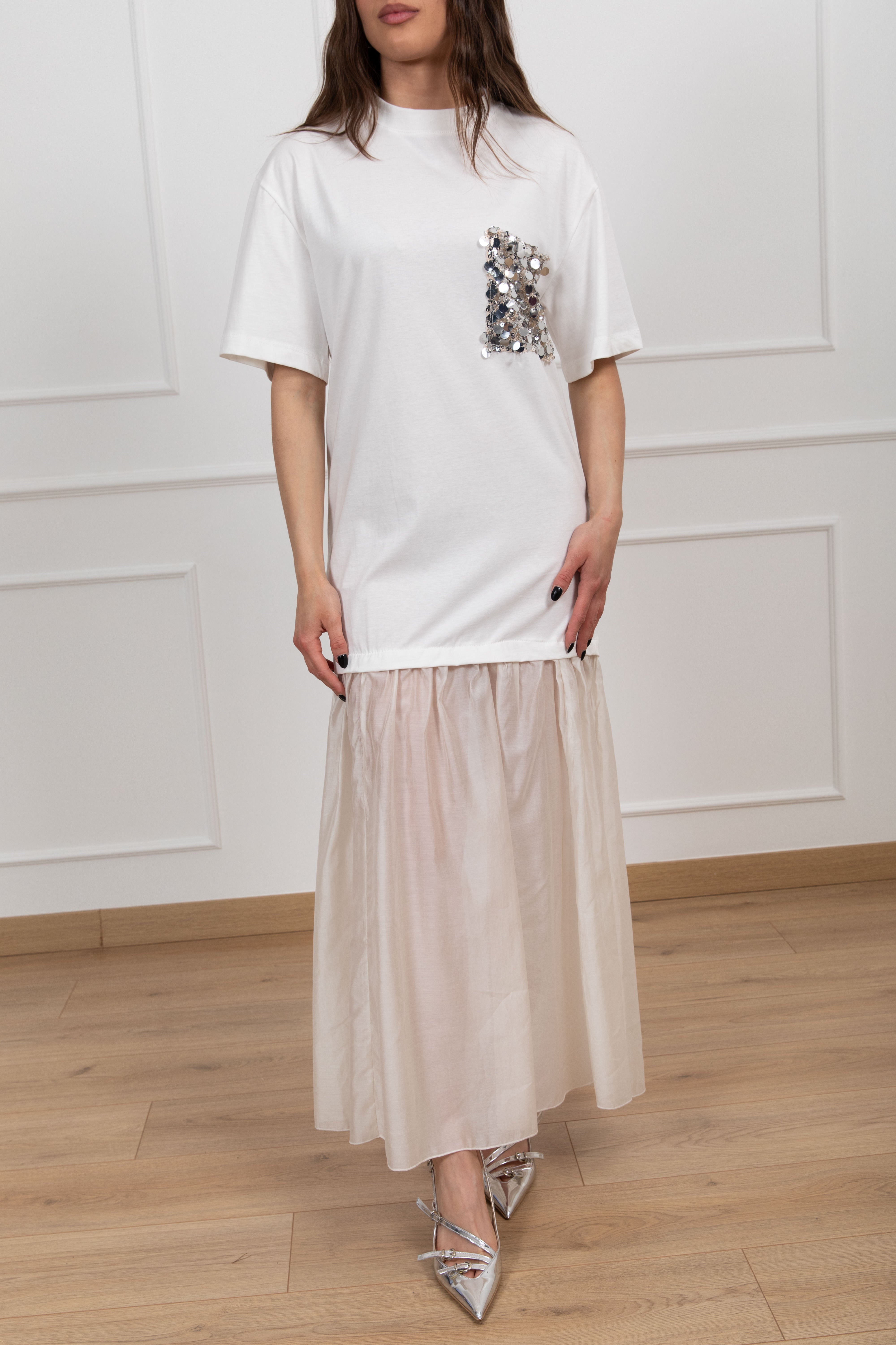 Abito t-shirt bi-materico con tasca paillettes Tensione IN