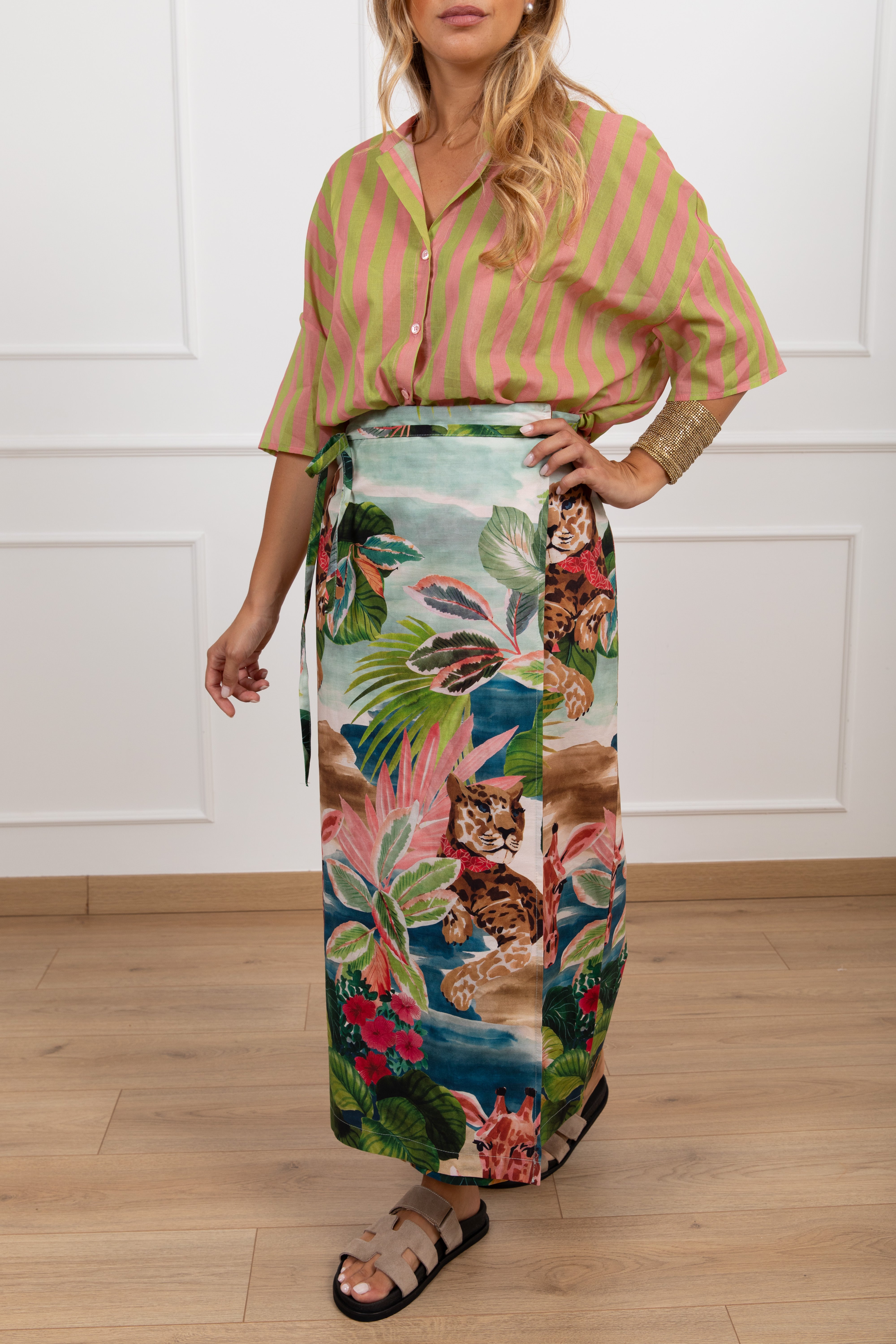 Coordinato camicia a righe e gonna lunga pareo fantasia savana acquerello ViCOLO