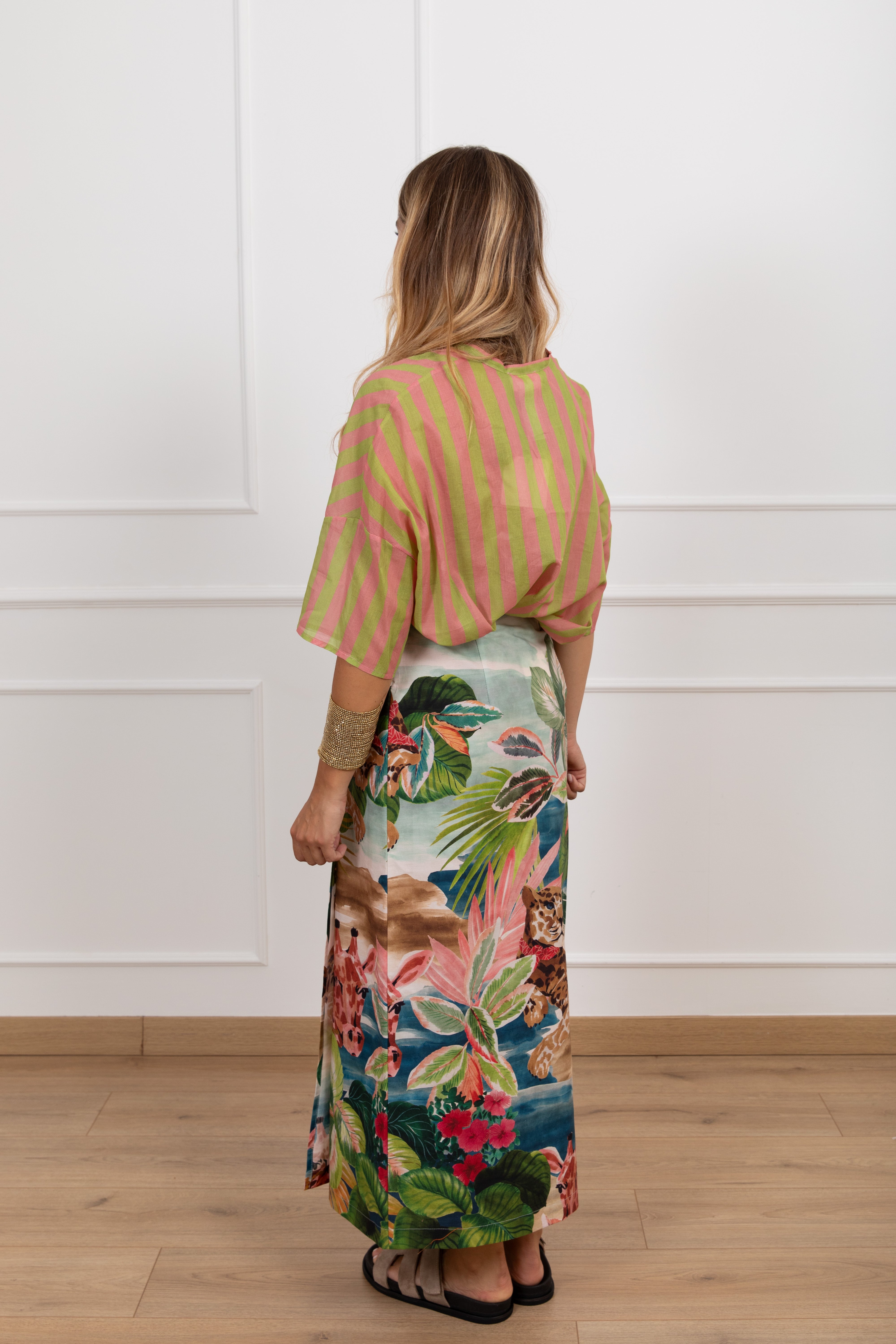 Coordinato camicia a righe e gonna lunga pareo fantasia savana acquerello ViCOLO