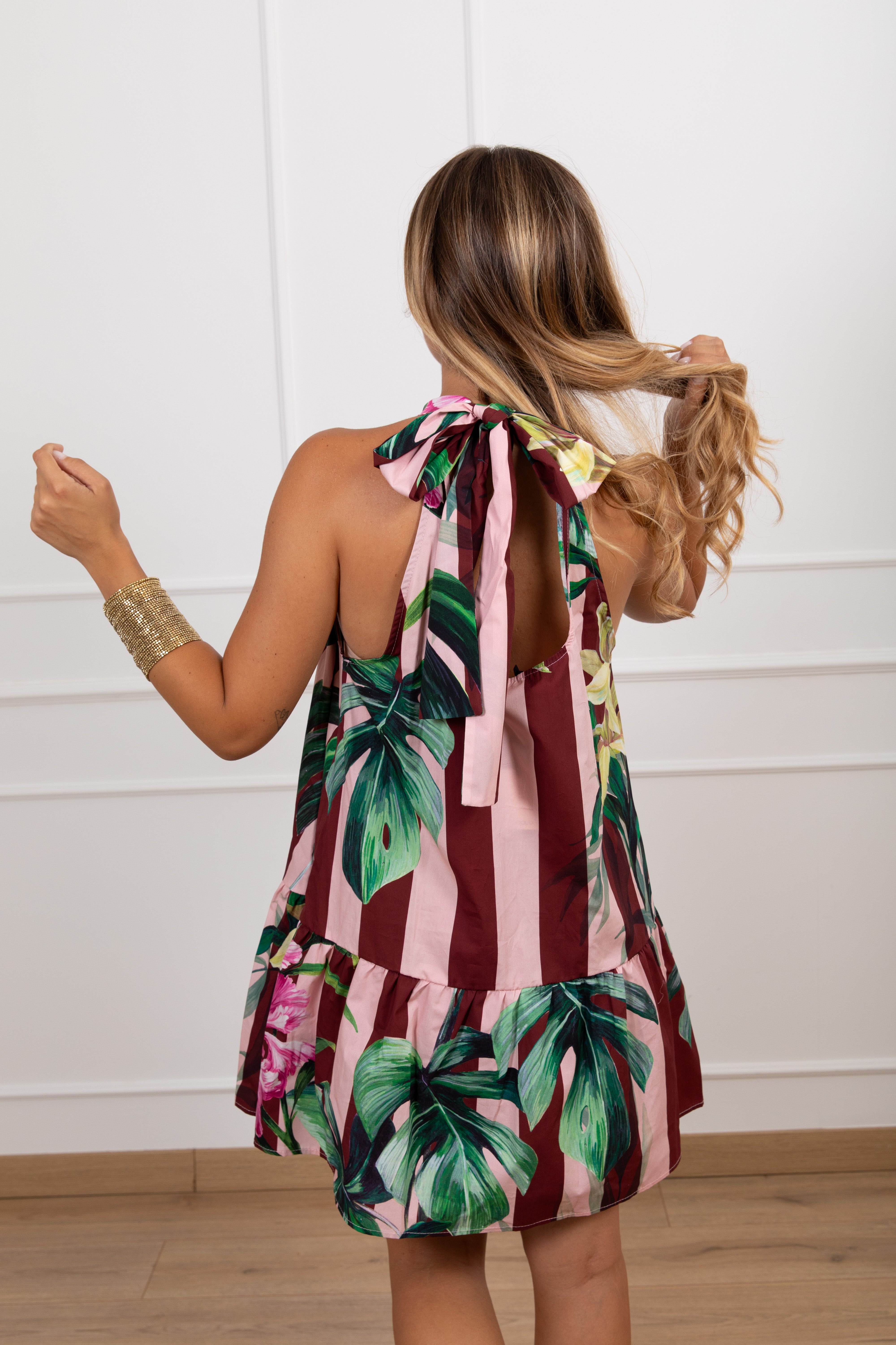 PRE ORDER 29/06 tg S Mini-abito svasato a righe stampa flowers ViCOLO