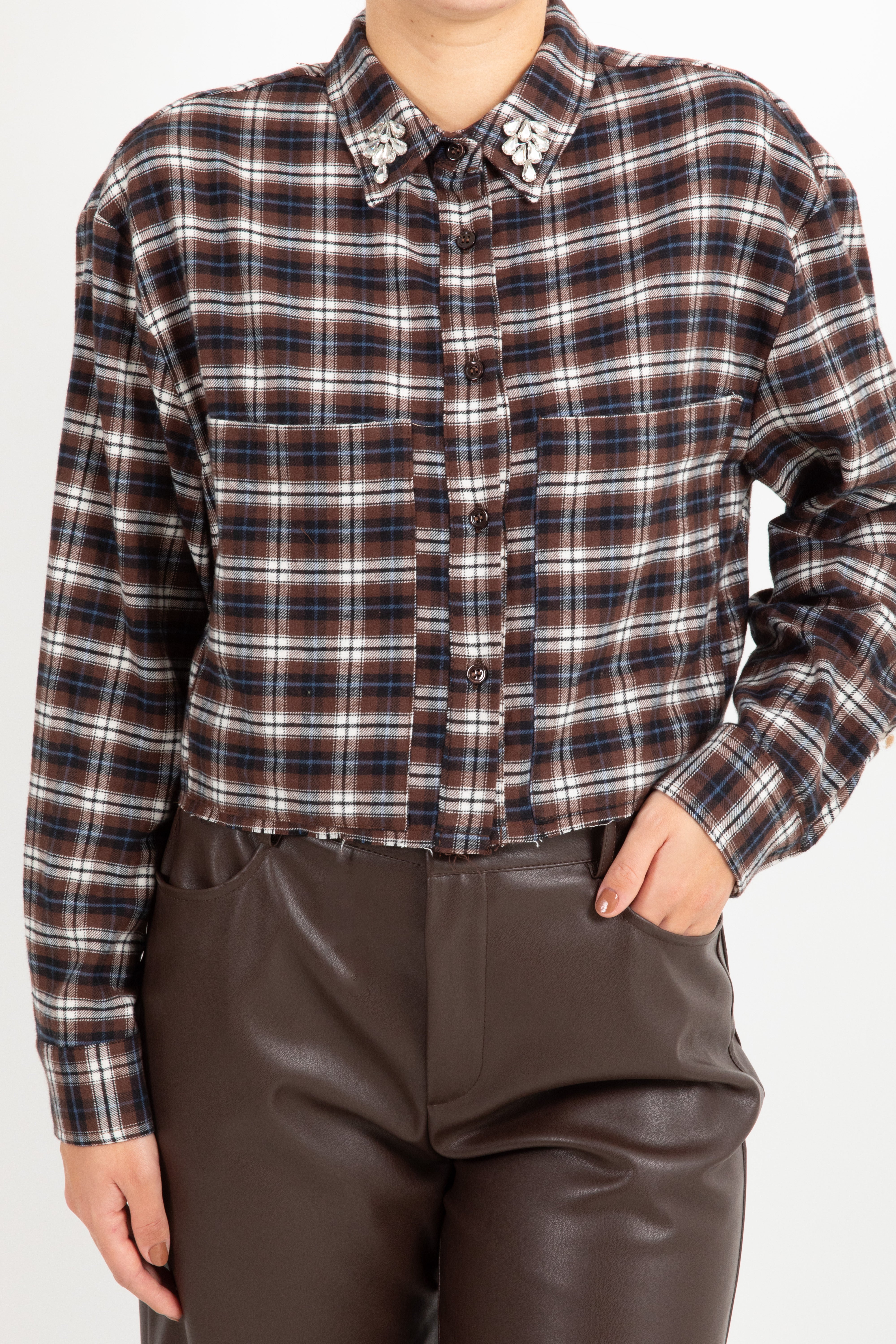 Camicia check cropped con pietre ViCOLO