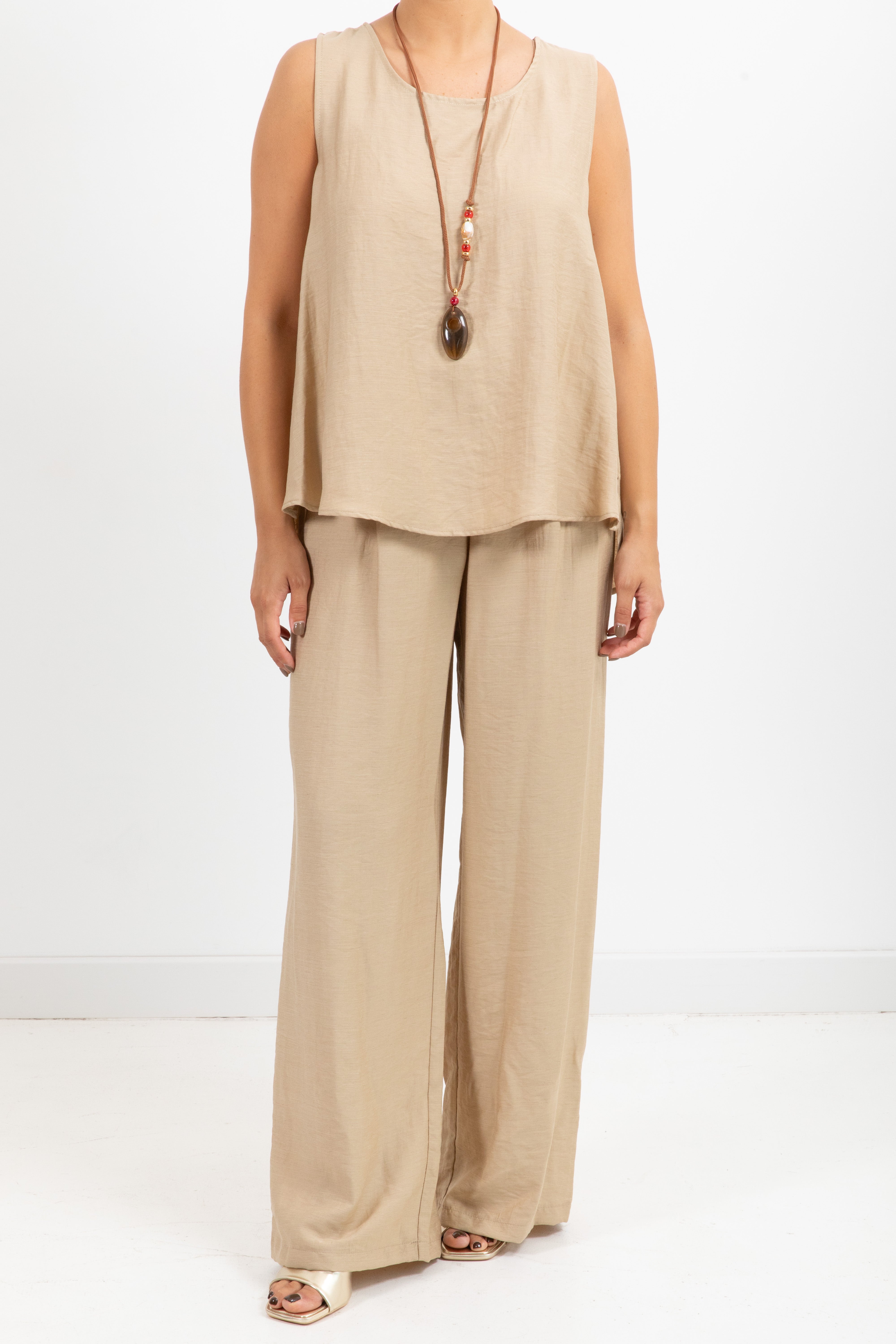 Coordinato in lino e viscosa blusa con collana e pantalone con elastico ViCOLO