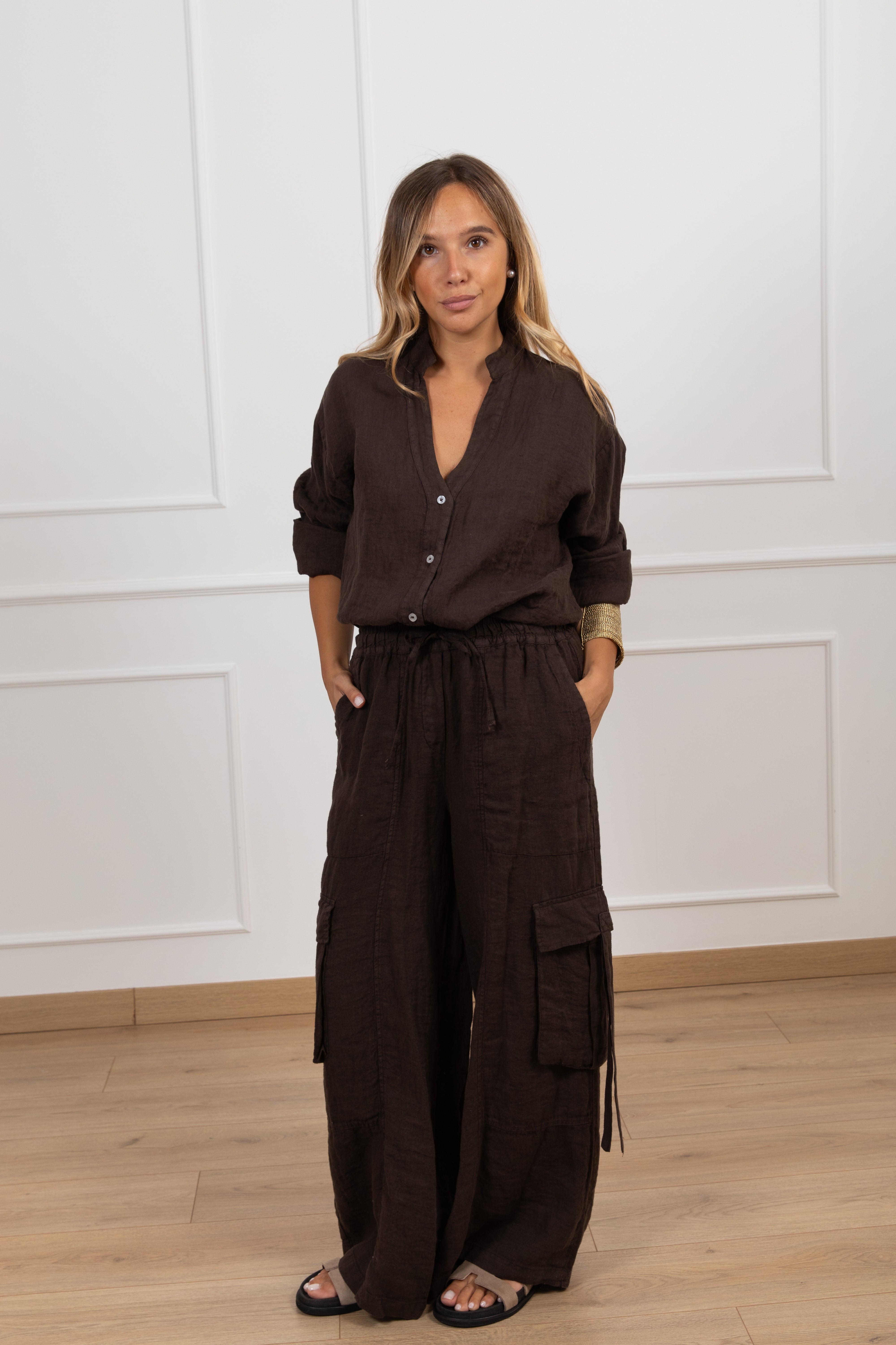 Pantalone cargo 100% lino stropicciato Tensione IN