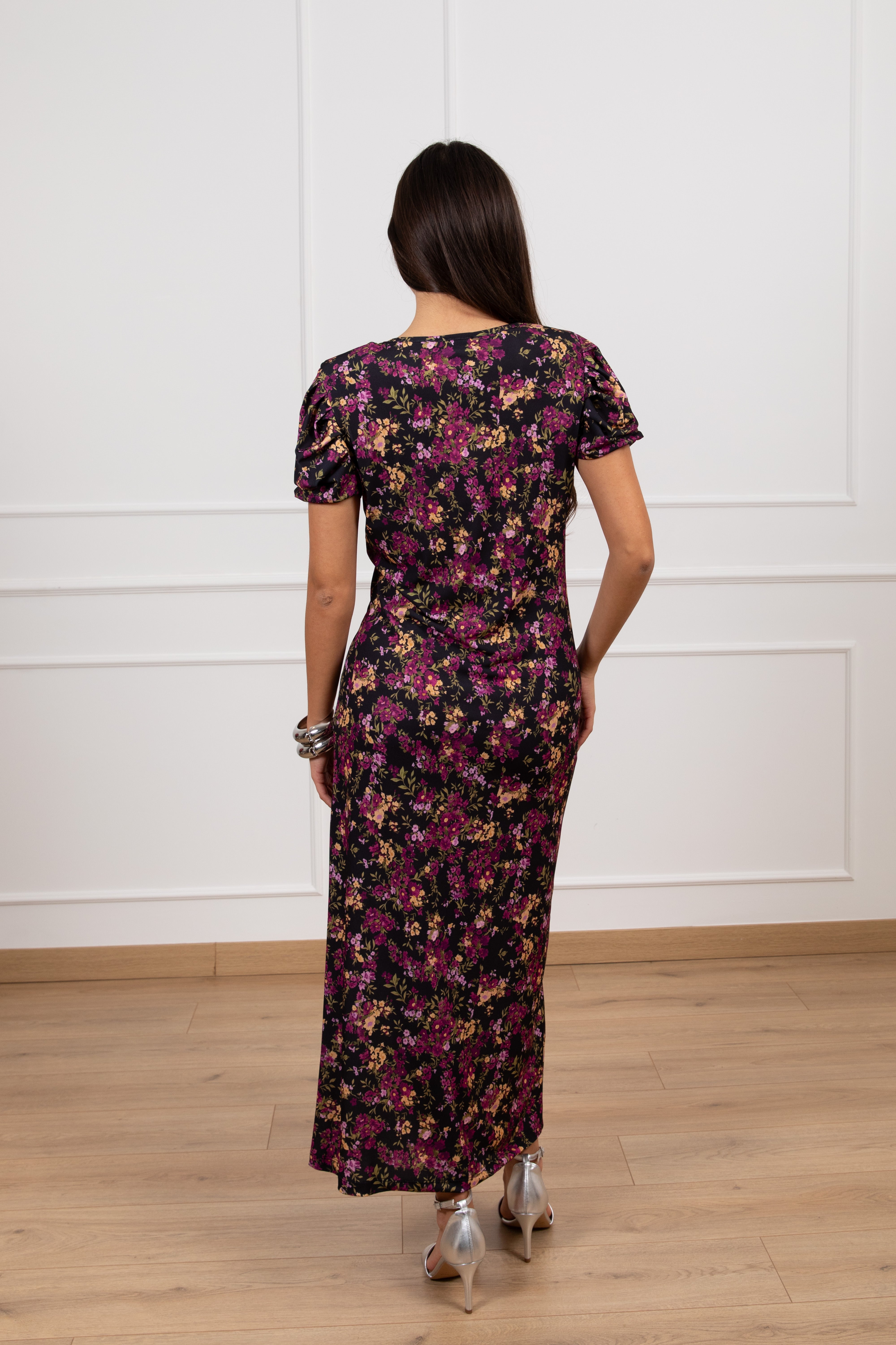 Abito lungo jersey drappeggiato fantasia flowers ciclamino ViCOLO