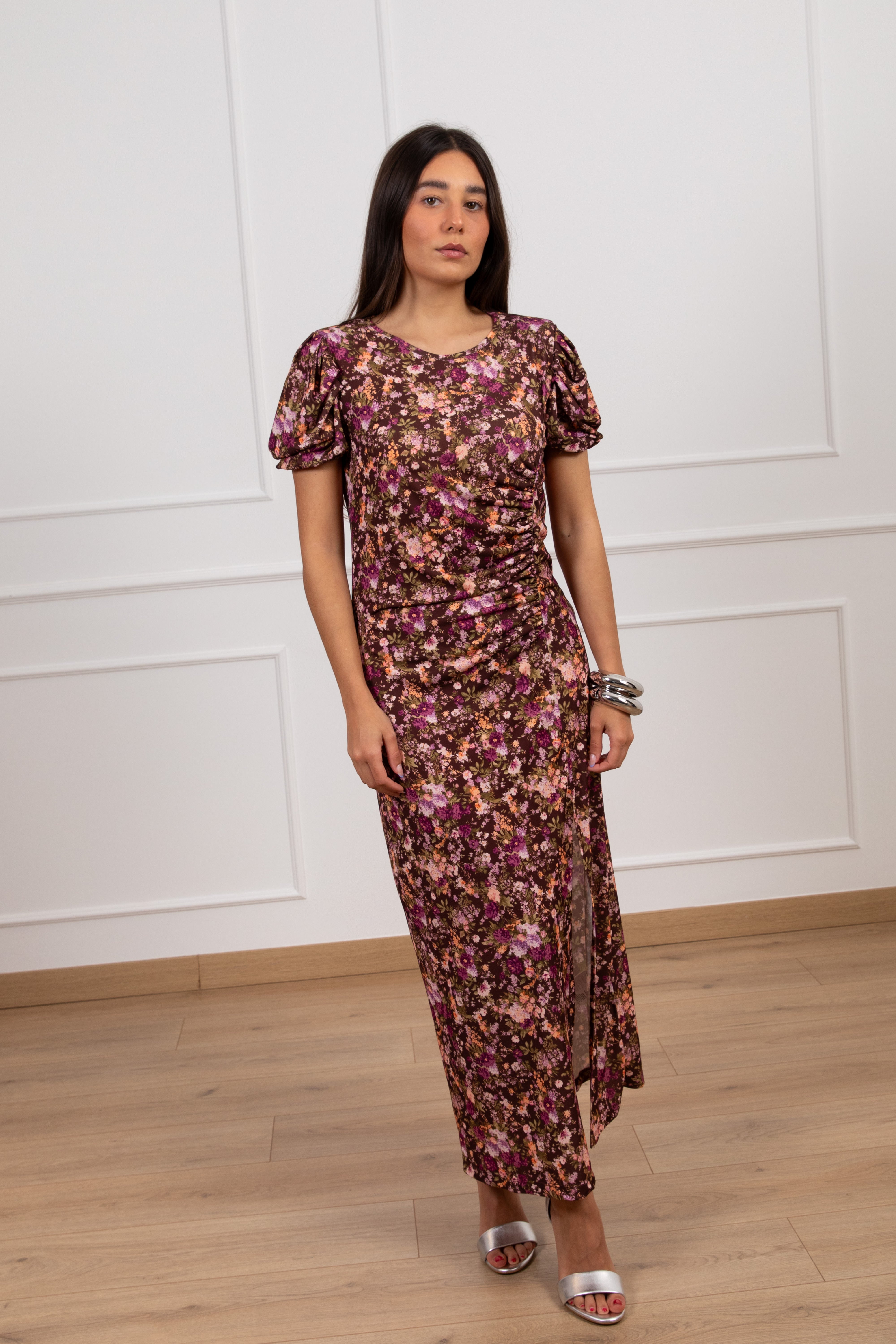 Abito lungo jersey drappeggiato fantasia flowers ciclamino ViCOLO