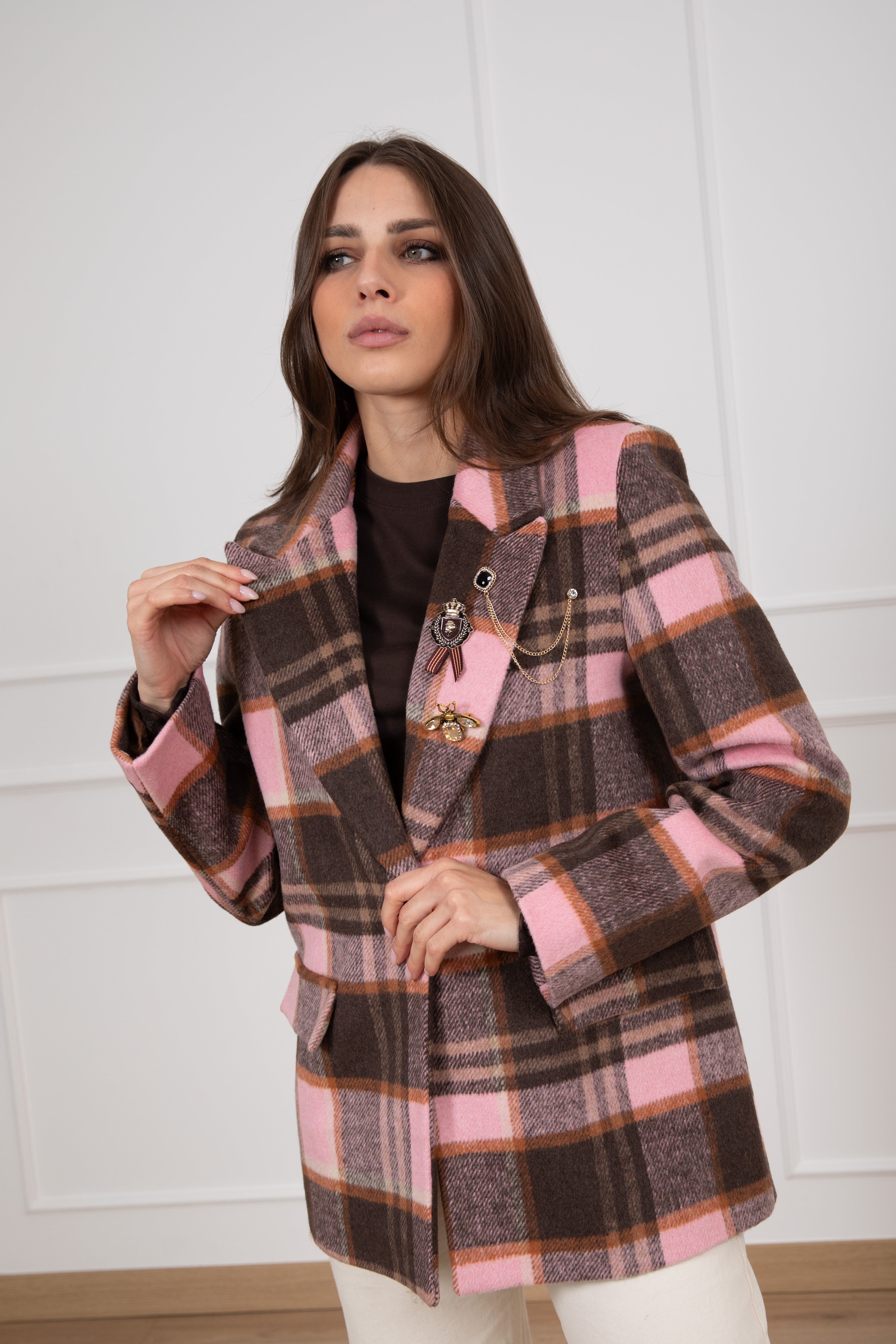 Giacca check rosa in lana pettinata Susy Mix