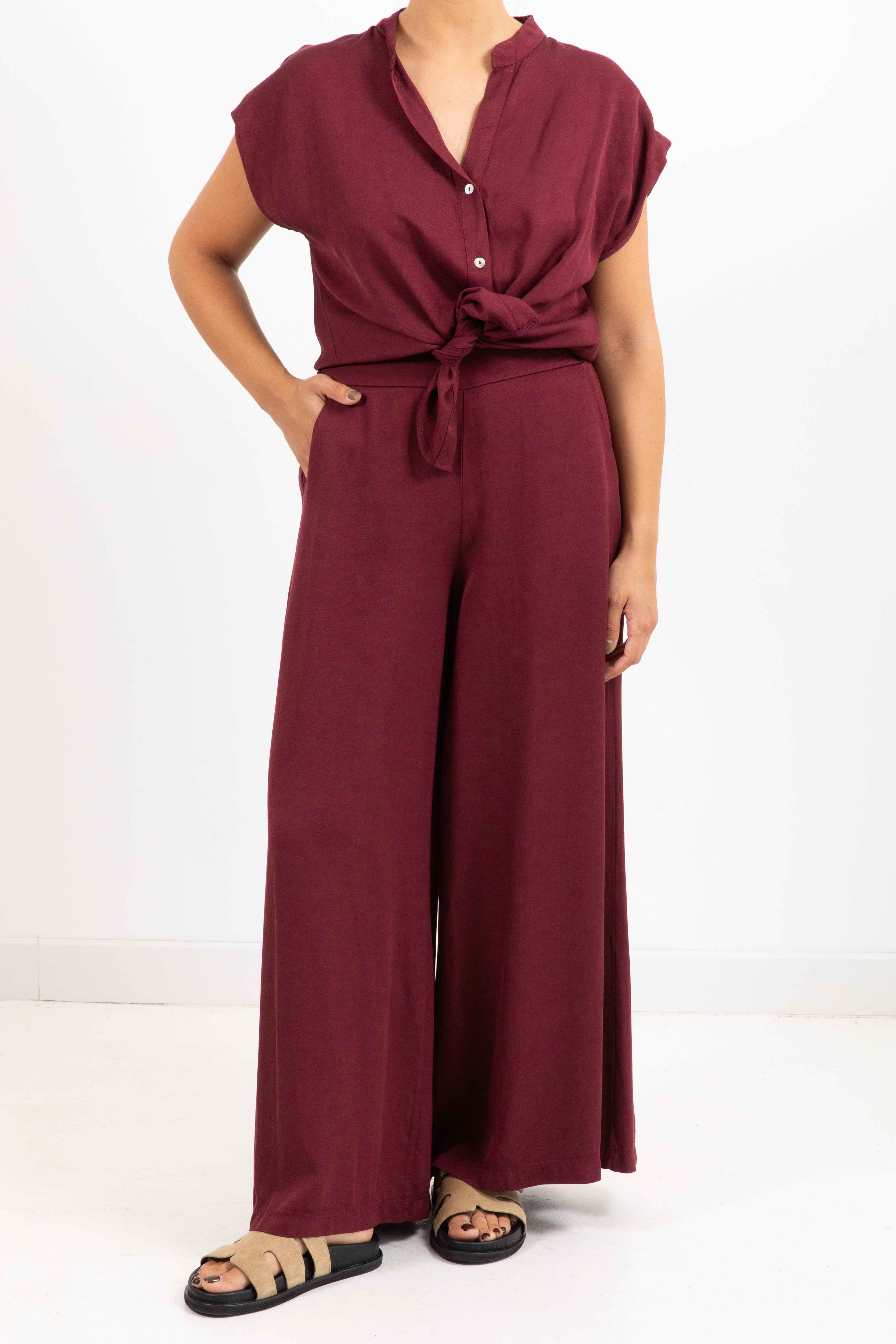 Coordinato camicia manica corta e pantalone gamba ampia in lino e viscosa Susy Mix