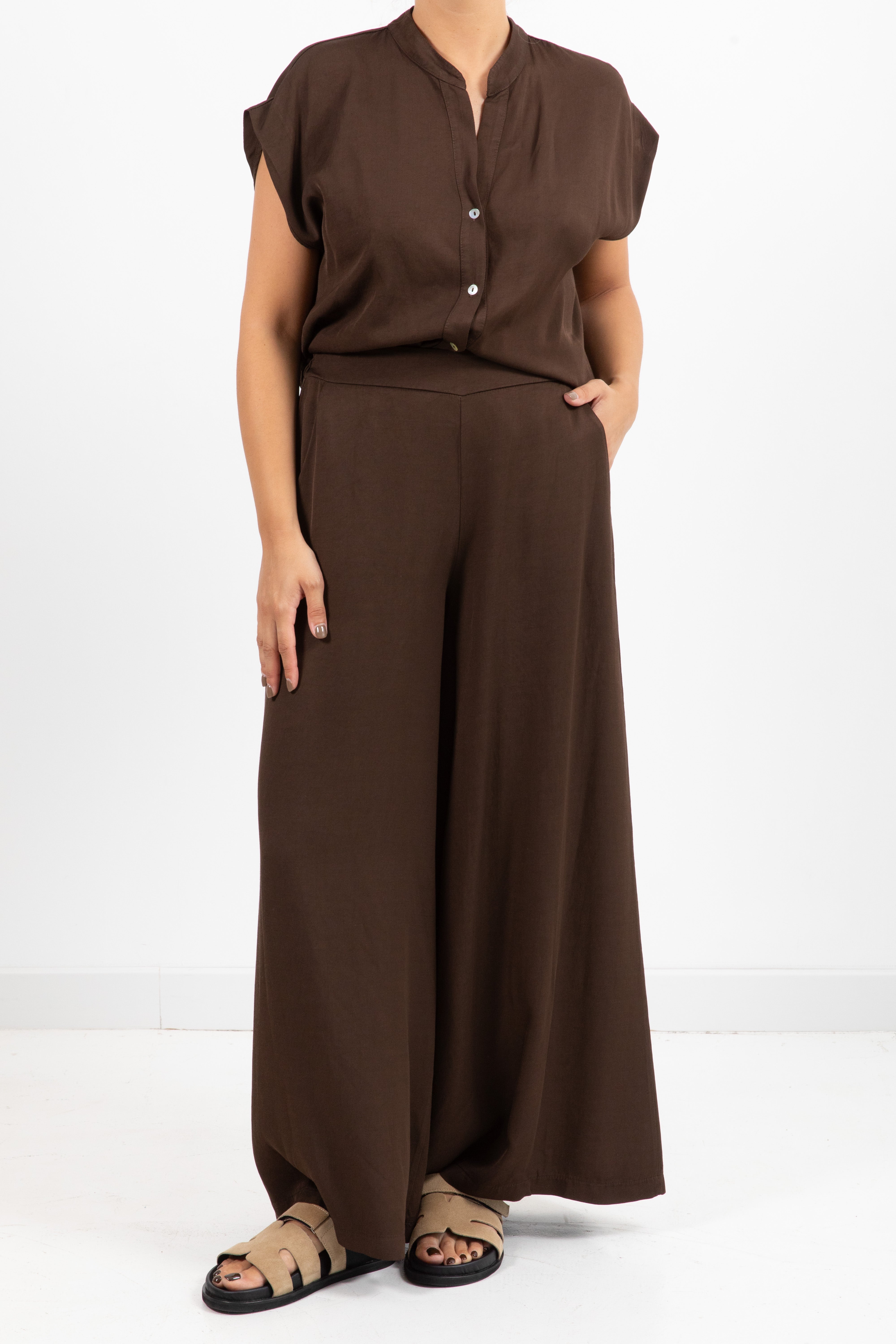 Coordinato camicia manica corta e pantalone gamba ampia in lino e viscosa Susy Mix