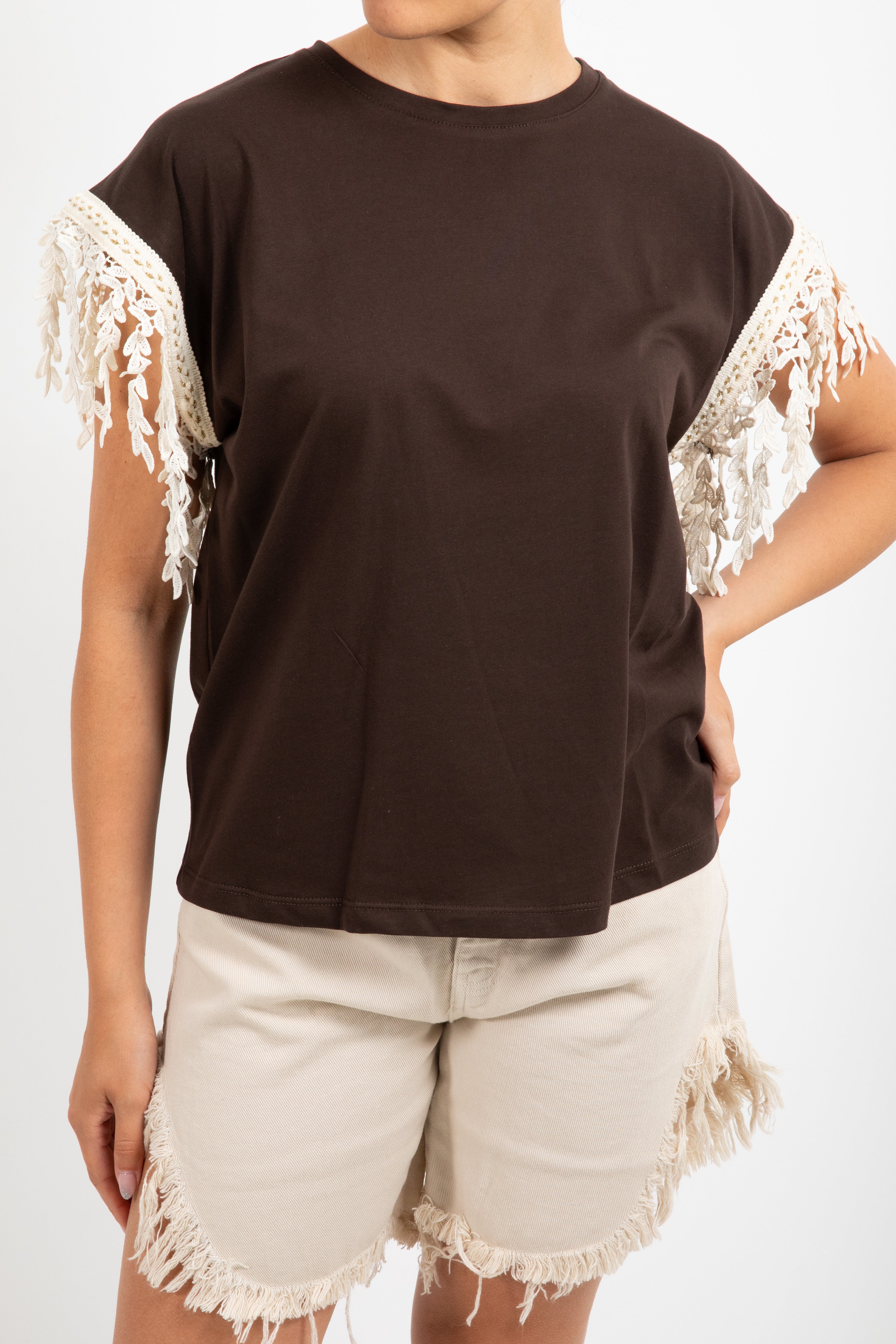 T-shirt con passamaneria e pizzo sulla manica Susy Mix