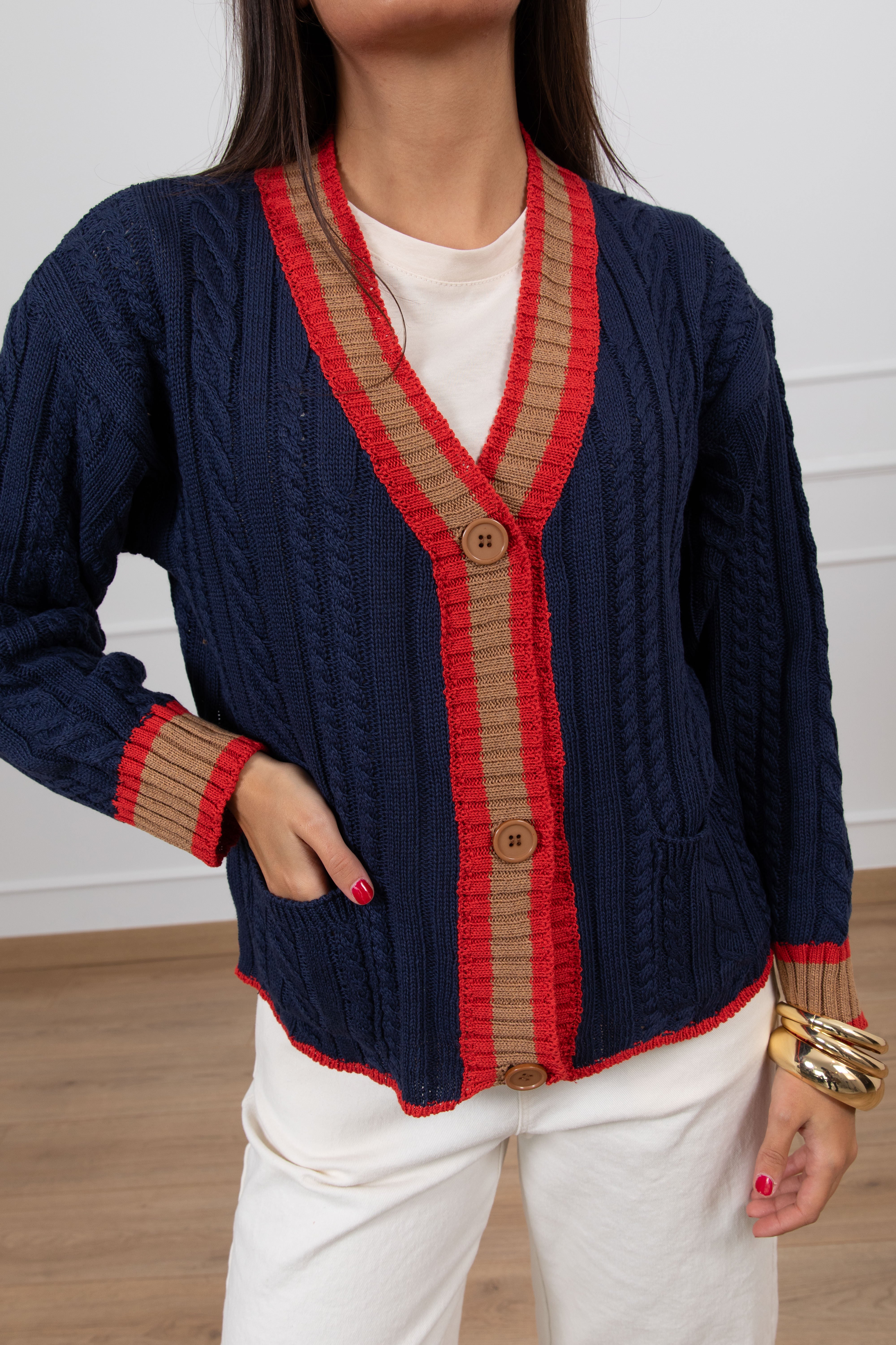 Cardigan treccia piatta con profili a righe Susy Mix