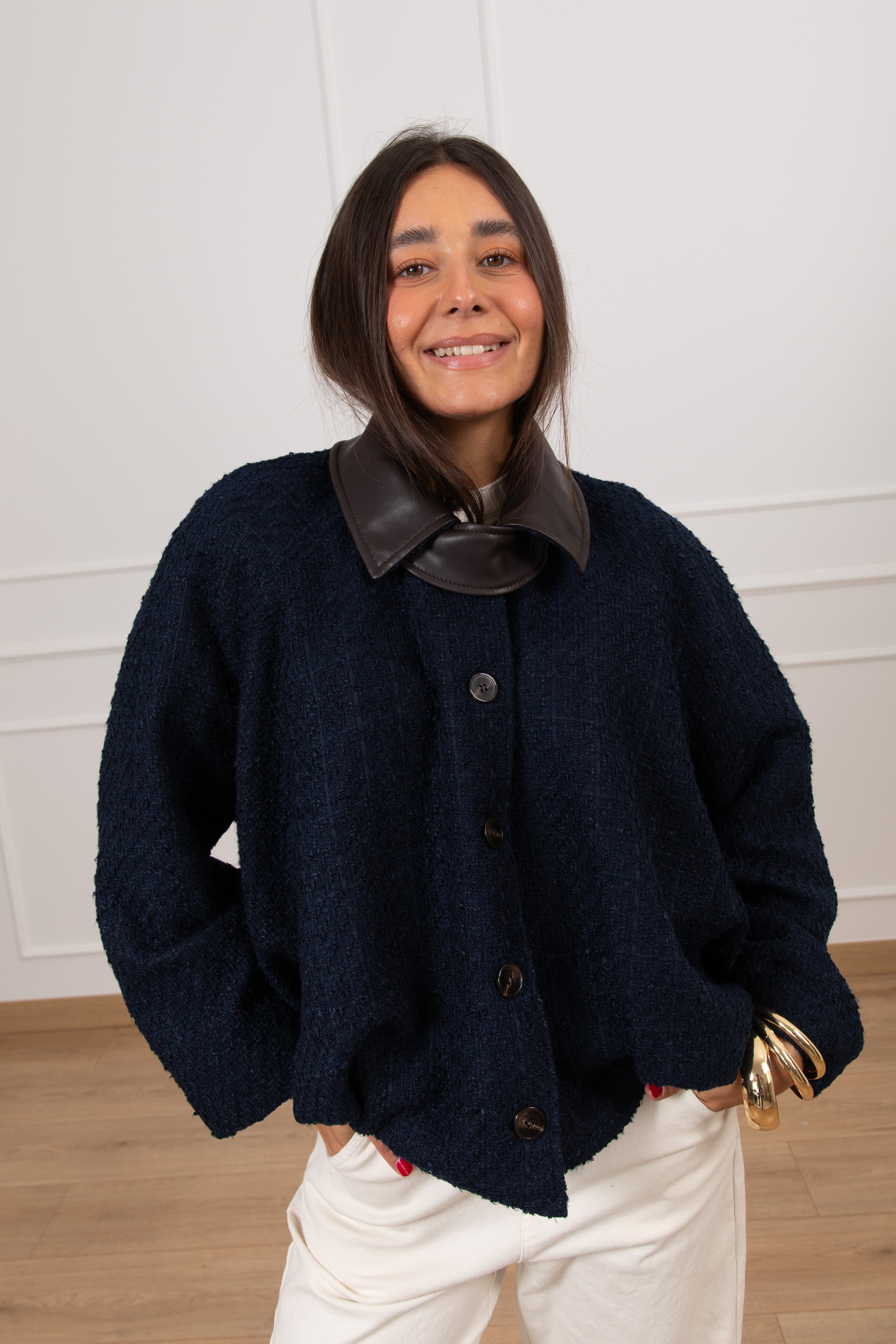 Bomber in tweed con colletto in eco-pelle Tensione IN