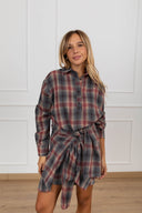 Mini-abito check bordeaux effetto camicia annodata Haveone