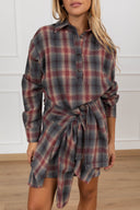 Mini-abito check bordeaux effetto camicia annodata Haveone