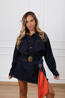 Mini-abito jeans con inserto foulard fantasia ferro di cavallo e cintura placca Tensione IN