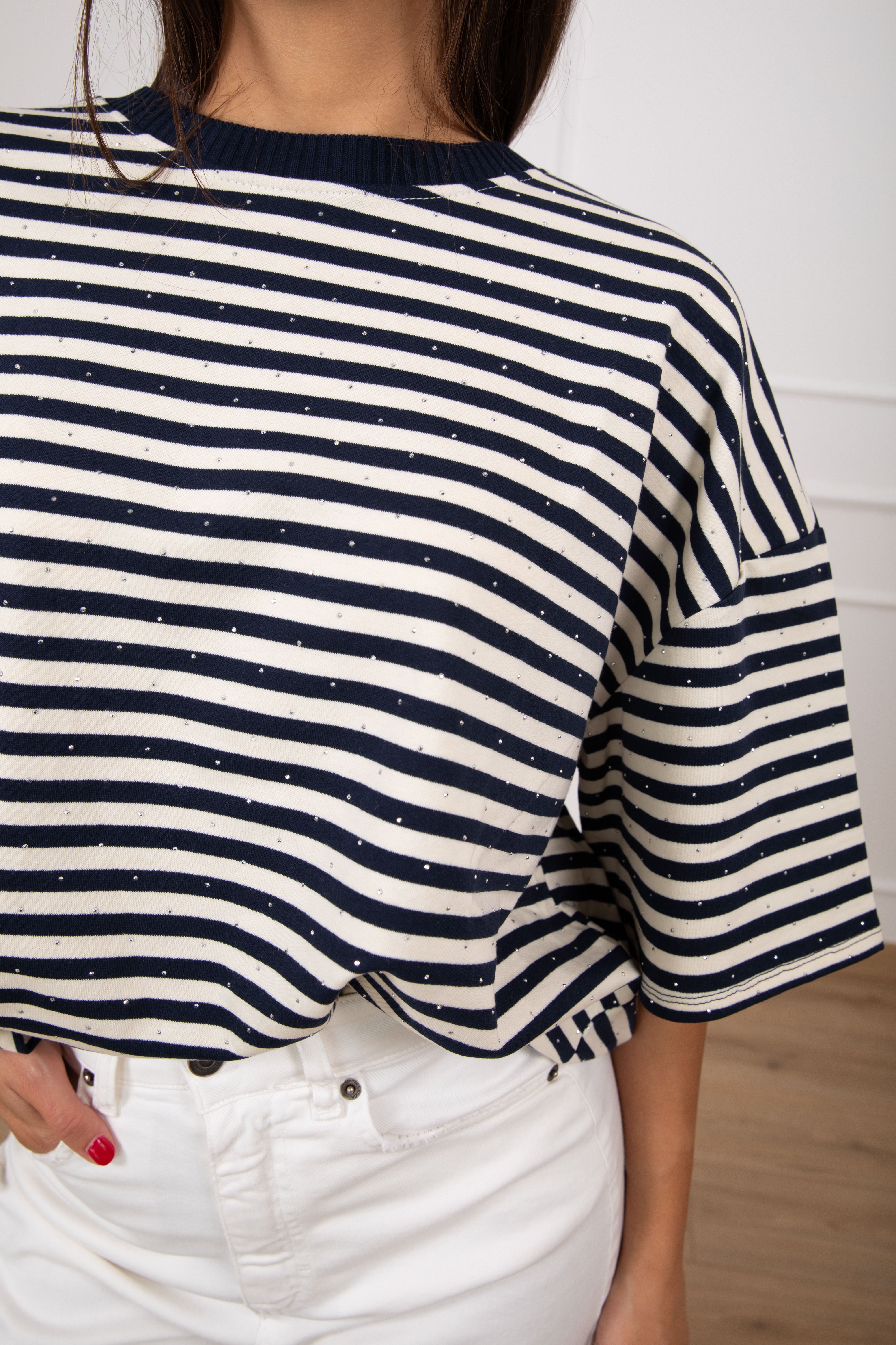 T-shirt garzata over-size a righe con strass Susy Mix
