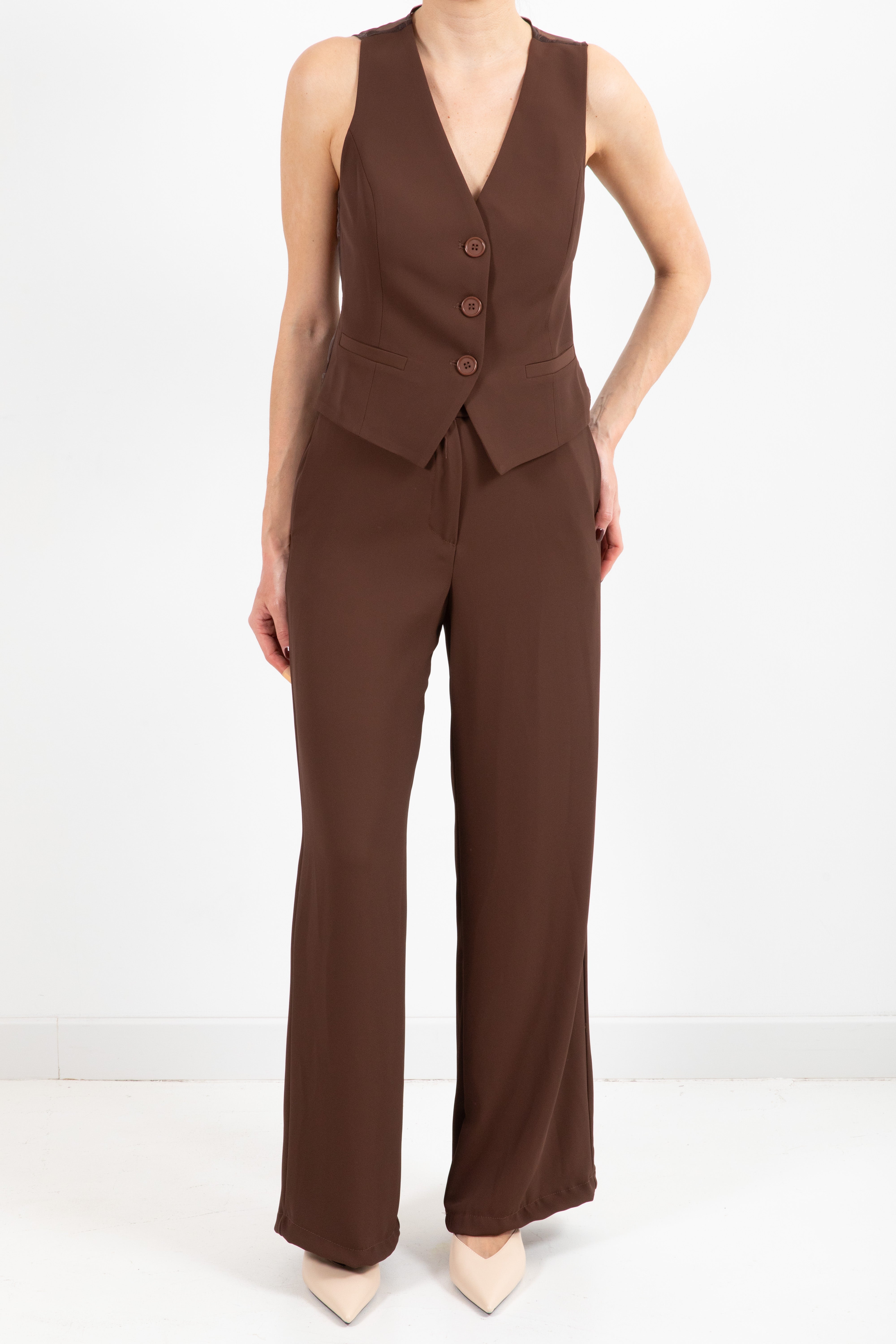 Coordinato tessuto fluido gilet con retro in organza e pantalone Susy Mix