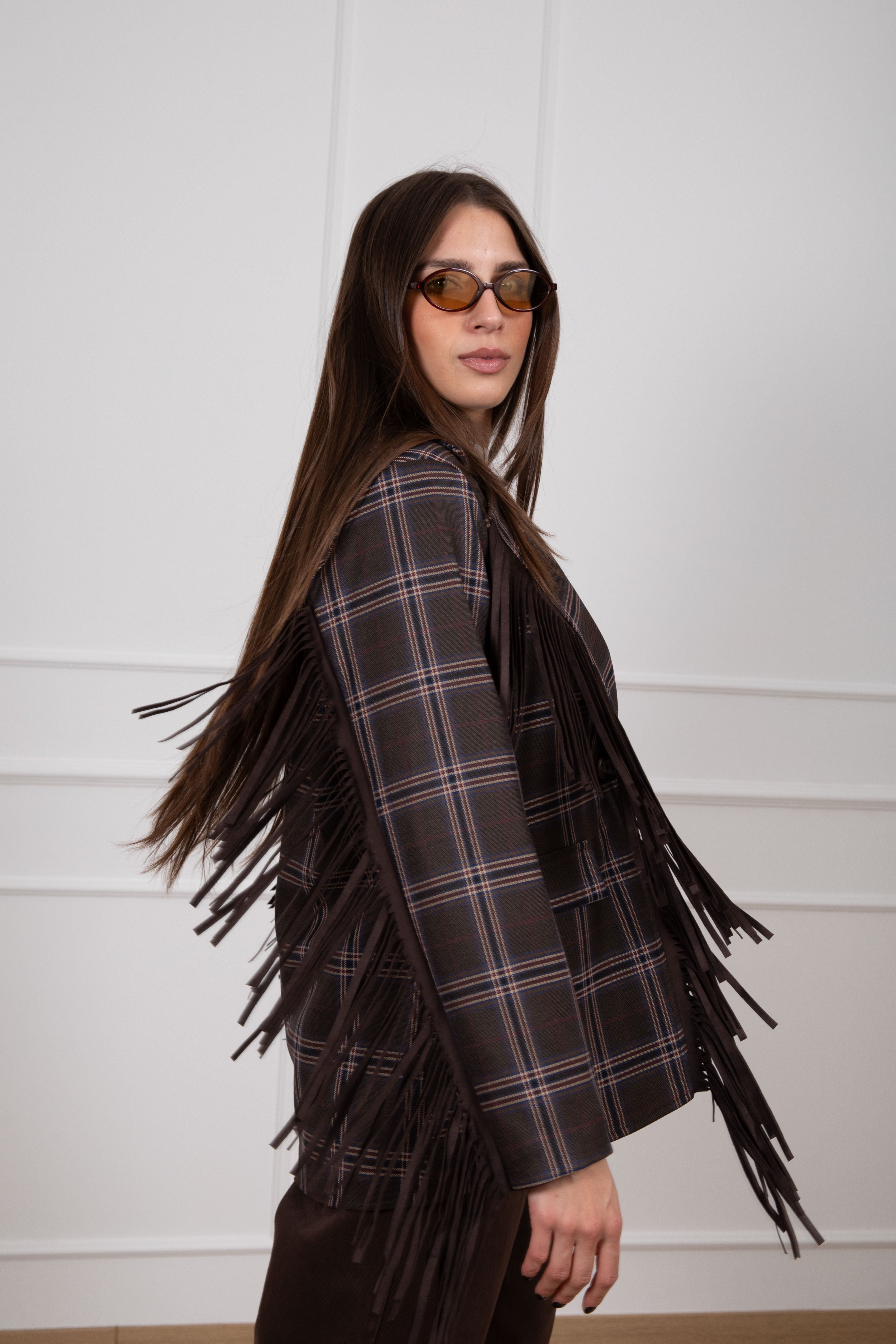 Giacca check con frange in eco-camoscio Susy Mix