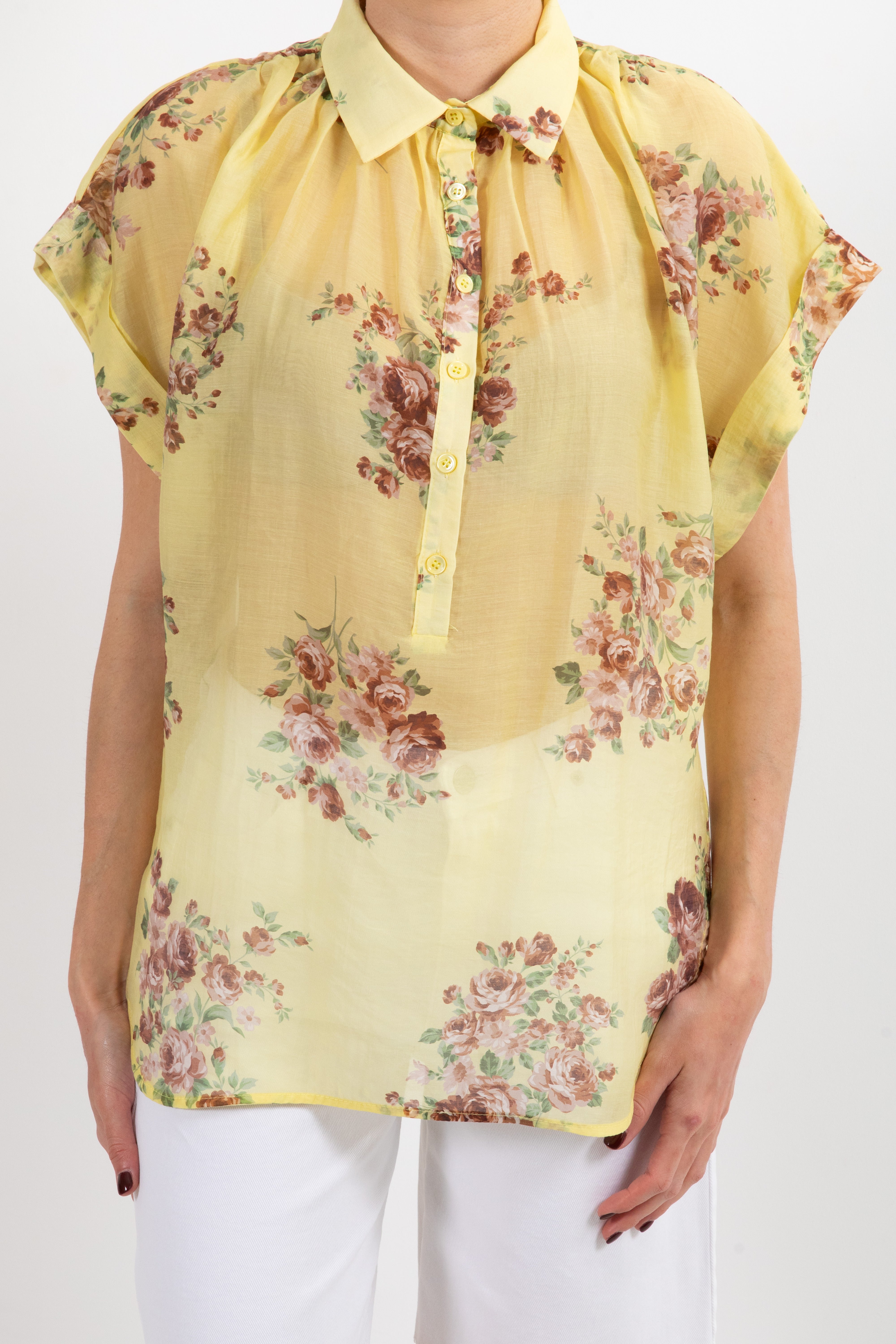 Camicia a manica corta in lyocell fantasia fiore tabacco ViCOLO