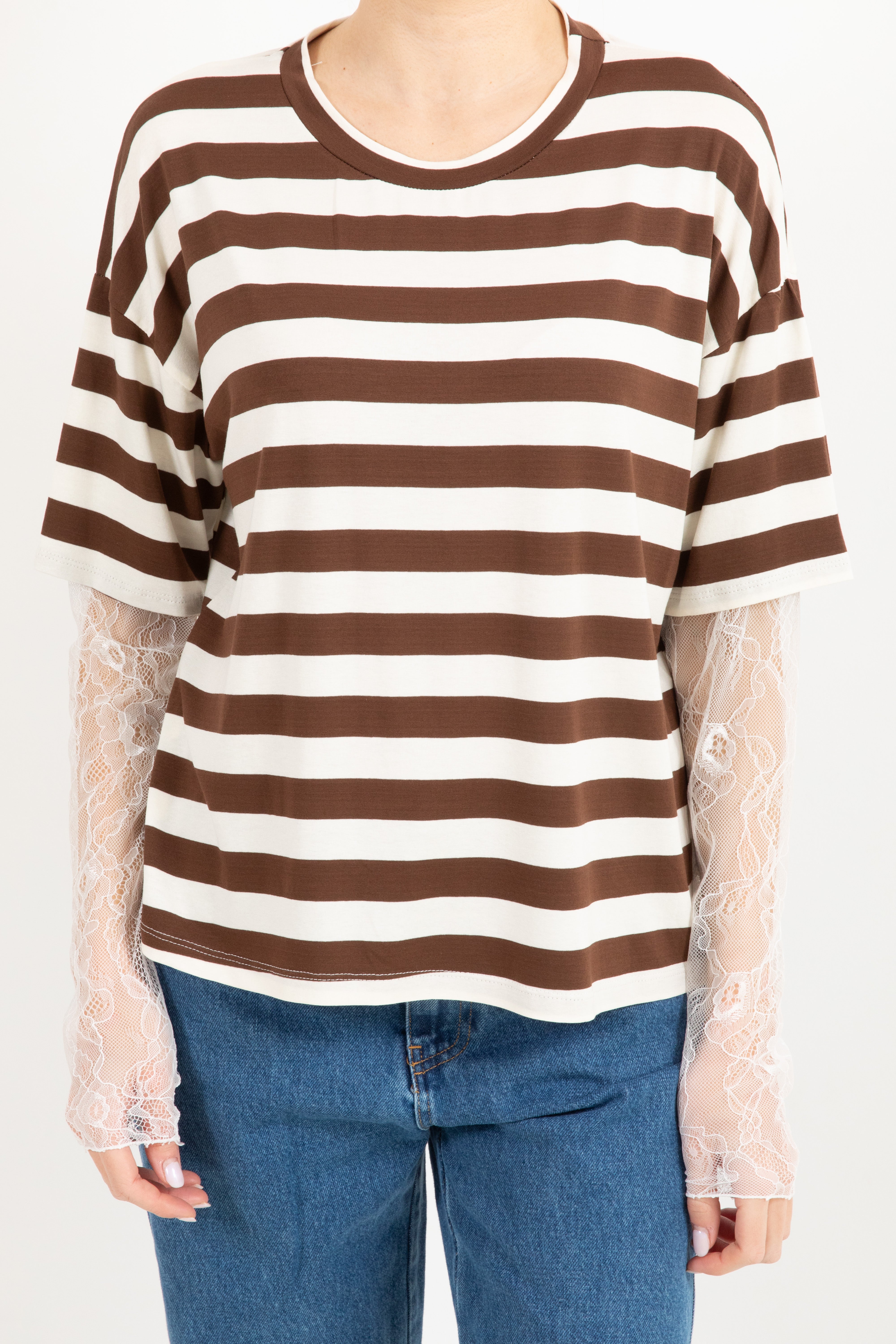 T-shirt a righe con manica in pizzo Susy Mix