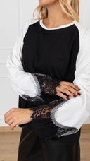T-shirt con manica a contrasto e polsino pizzo variante nero Tensione IN
