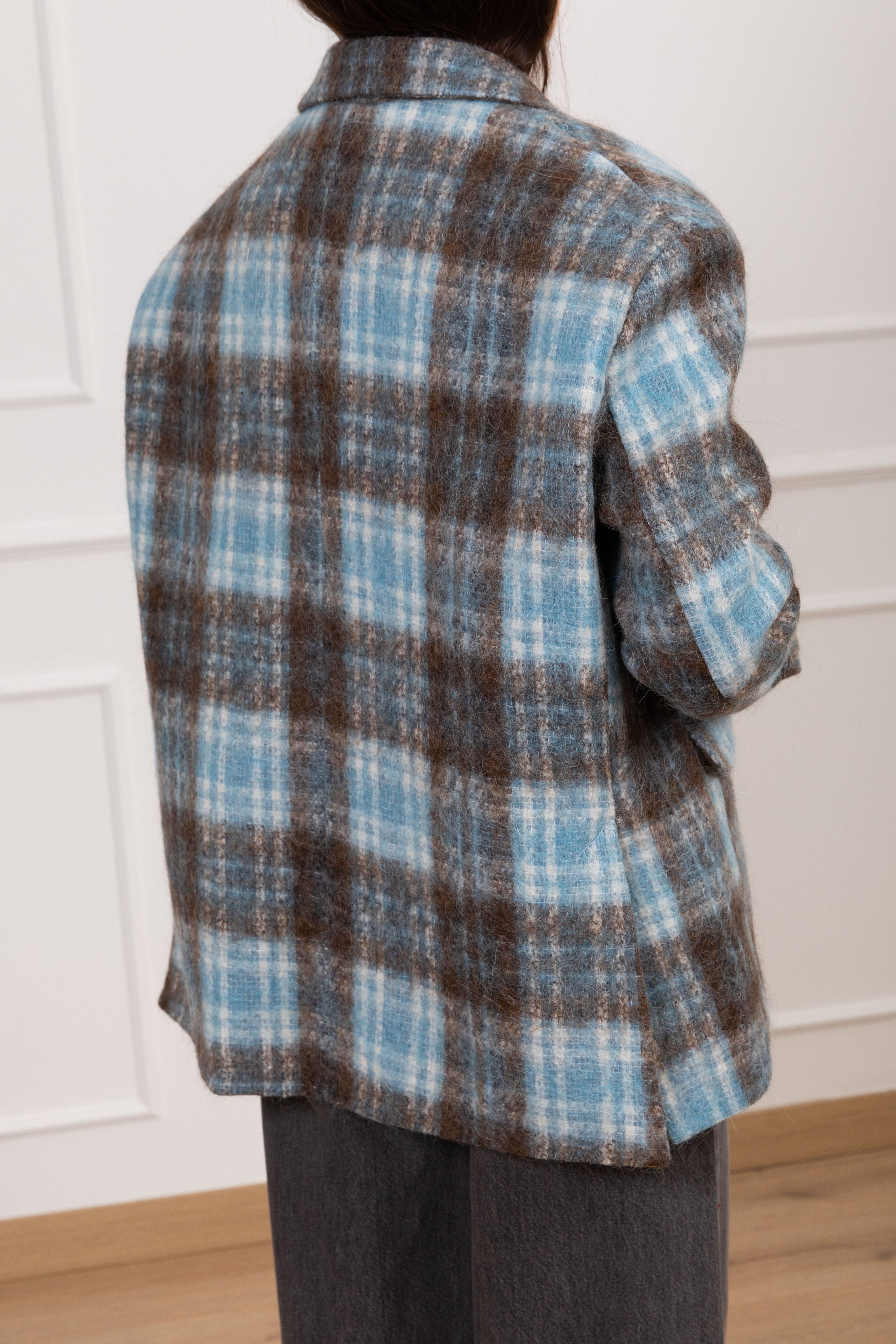 Giacca over-size 2 bottoni check azzurro in lana cotta Tensione IN