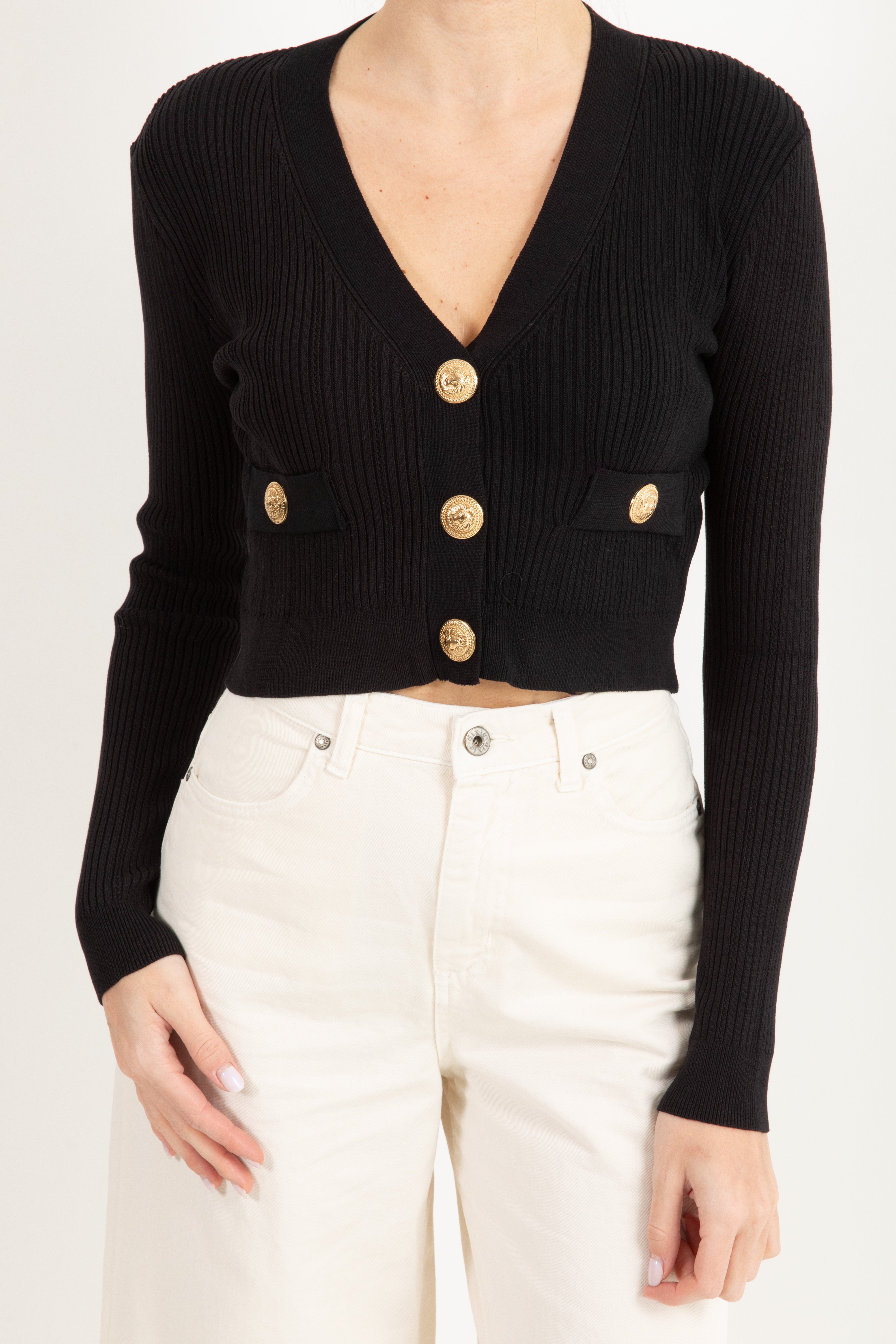 Cardigan cropped con bottone oro Susy Mix