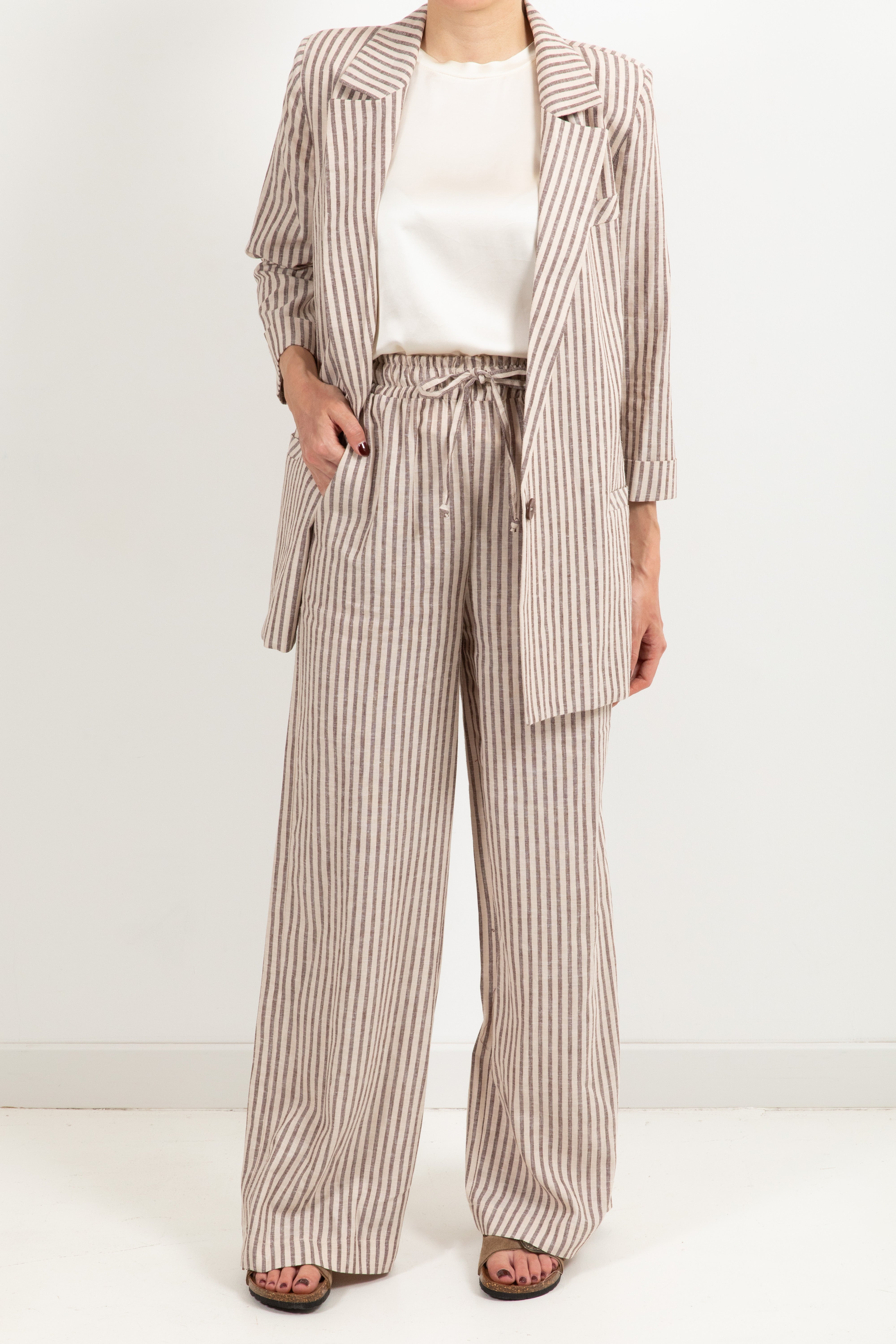 Pantalone gessato in lino e viscosa con coulisse Susy Mix