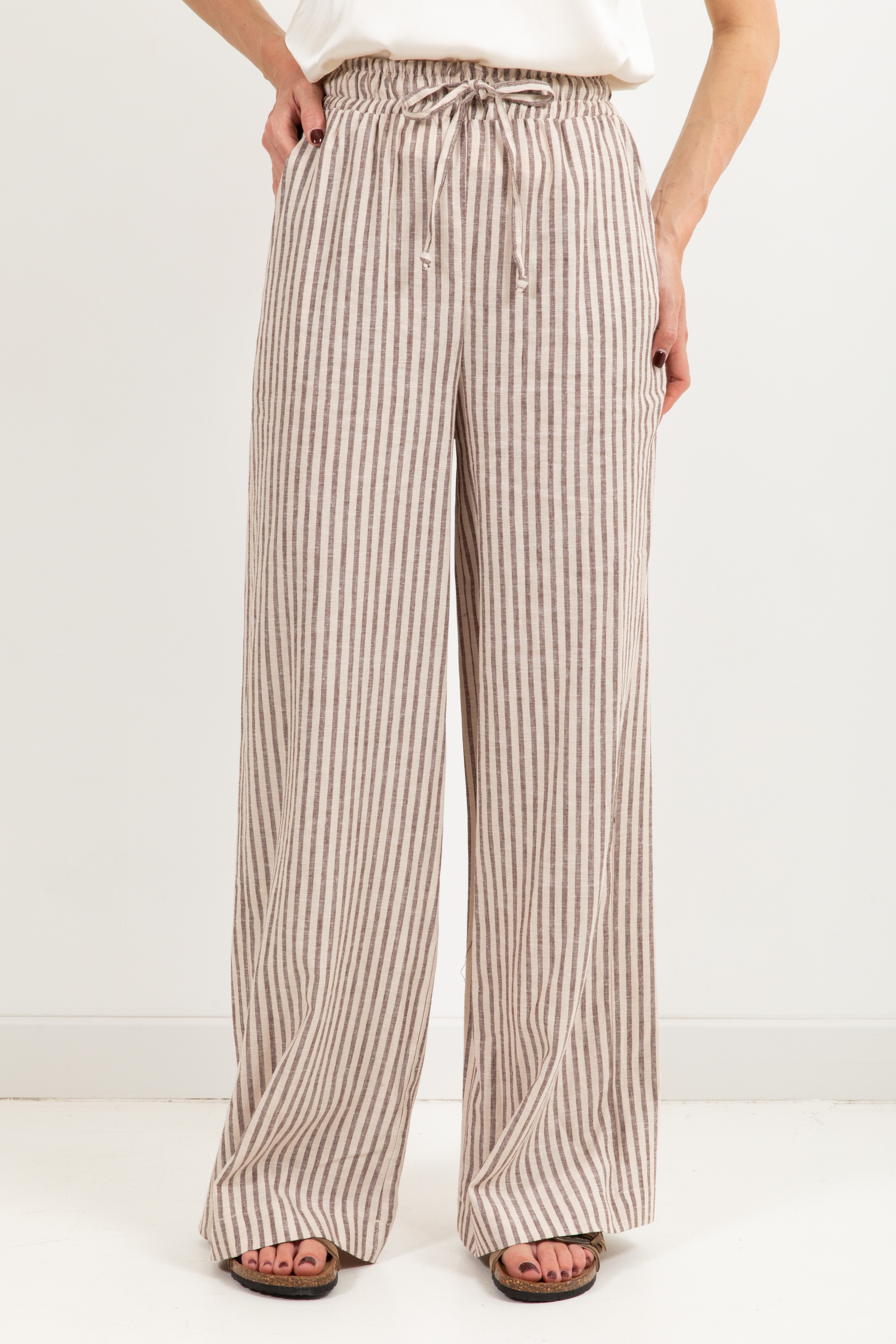 Pantalone gessato in lino e viscosa con coulisse Susy Mix