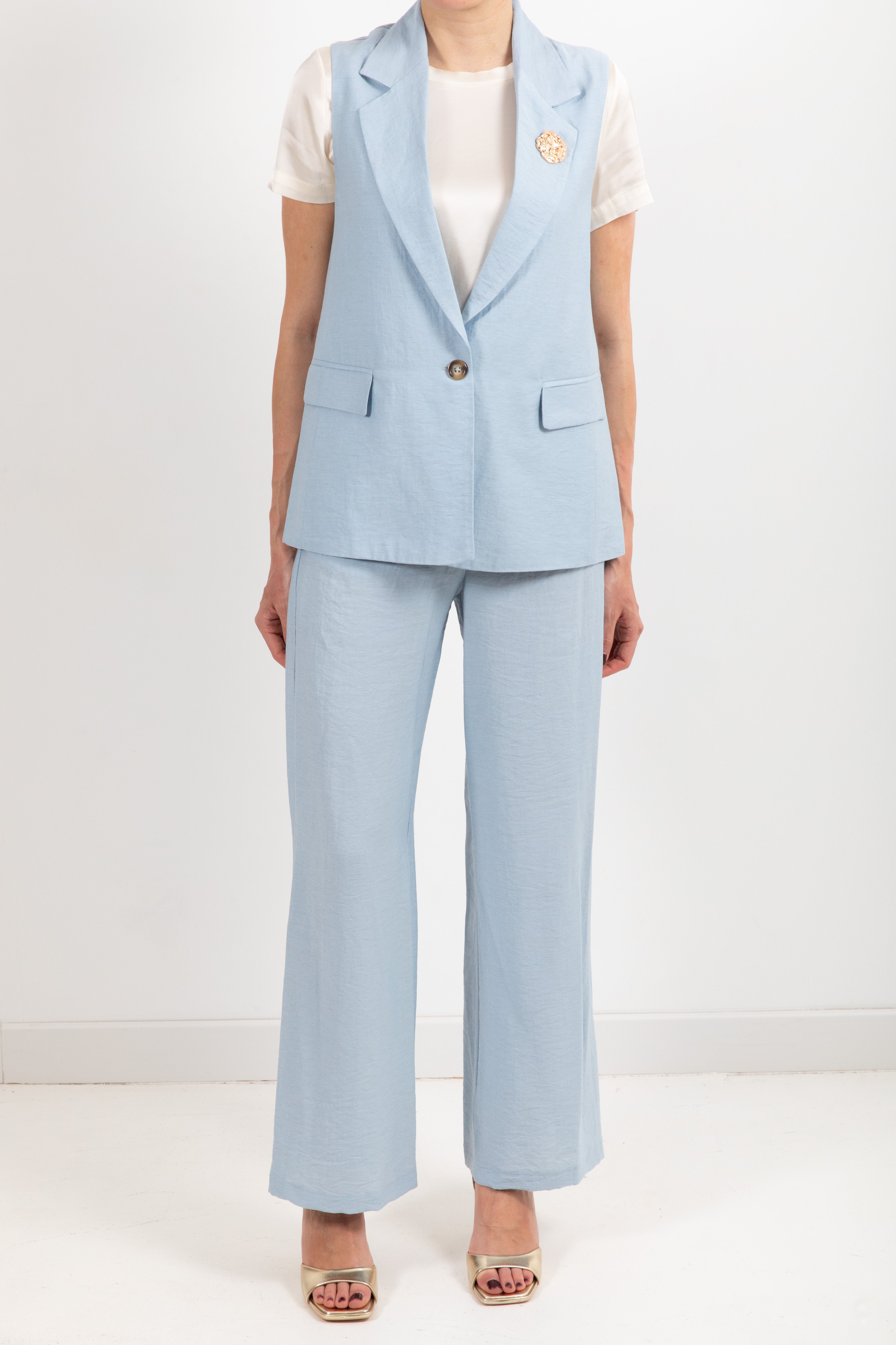 Coordinato gilet con spilla e pantalone in lino e viscosa Susy Mix