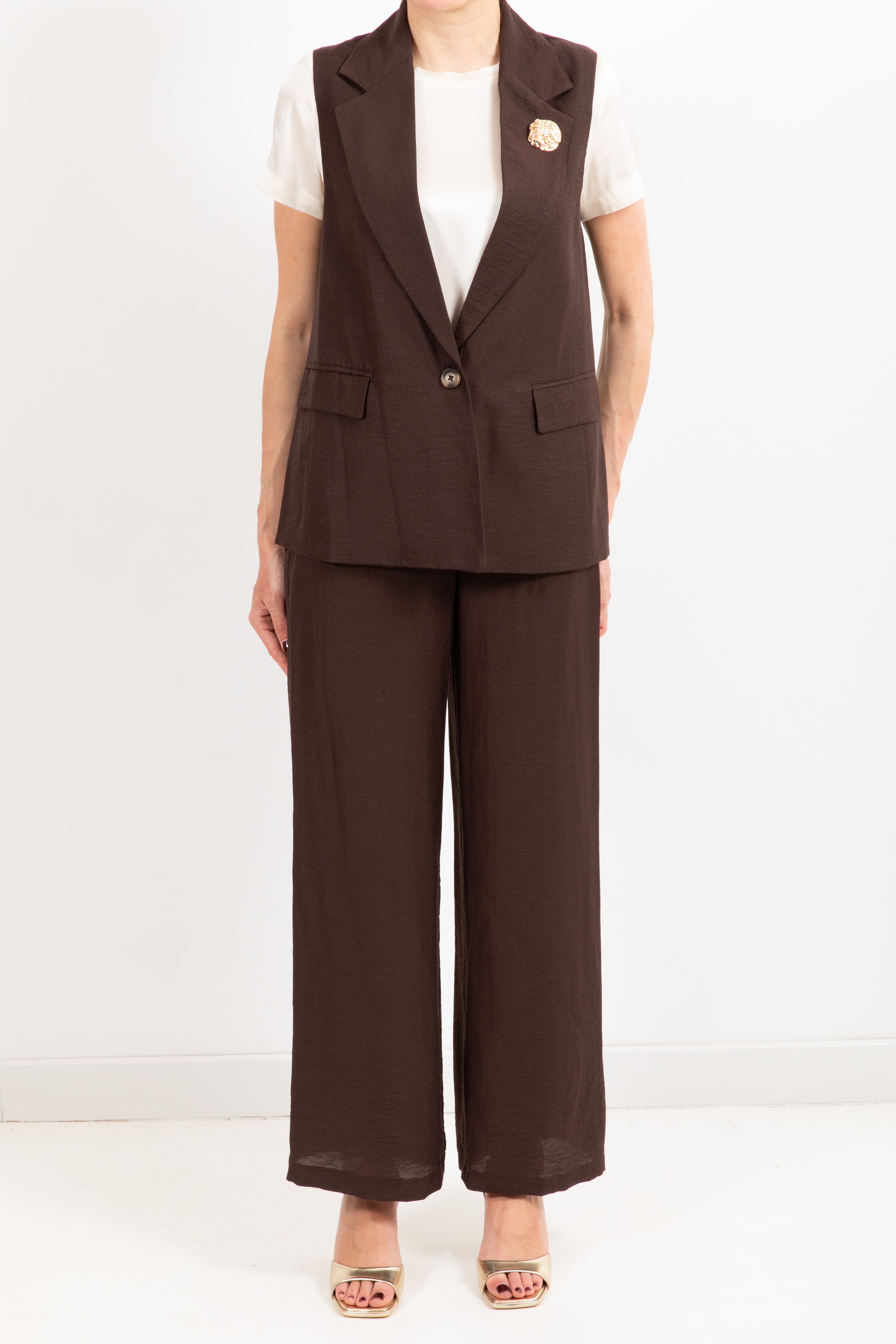 Coordinato gilet con spilla e pantalone in lino e viscosa Susy Mix