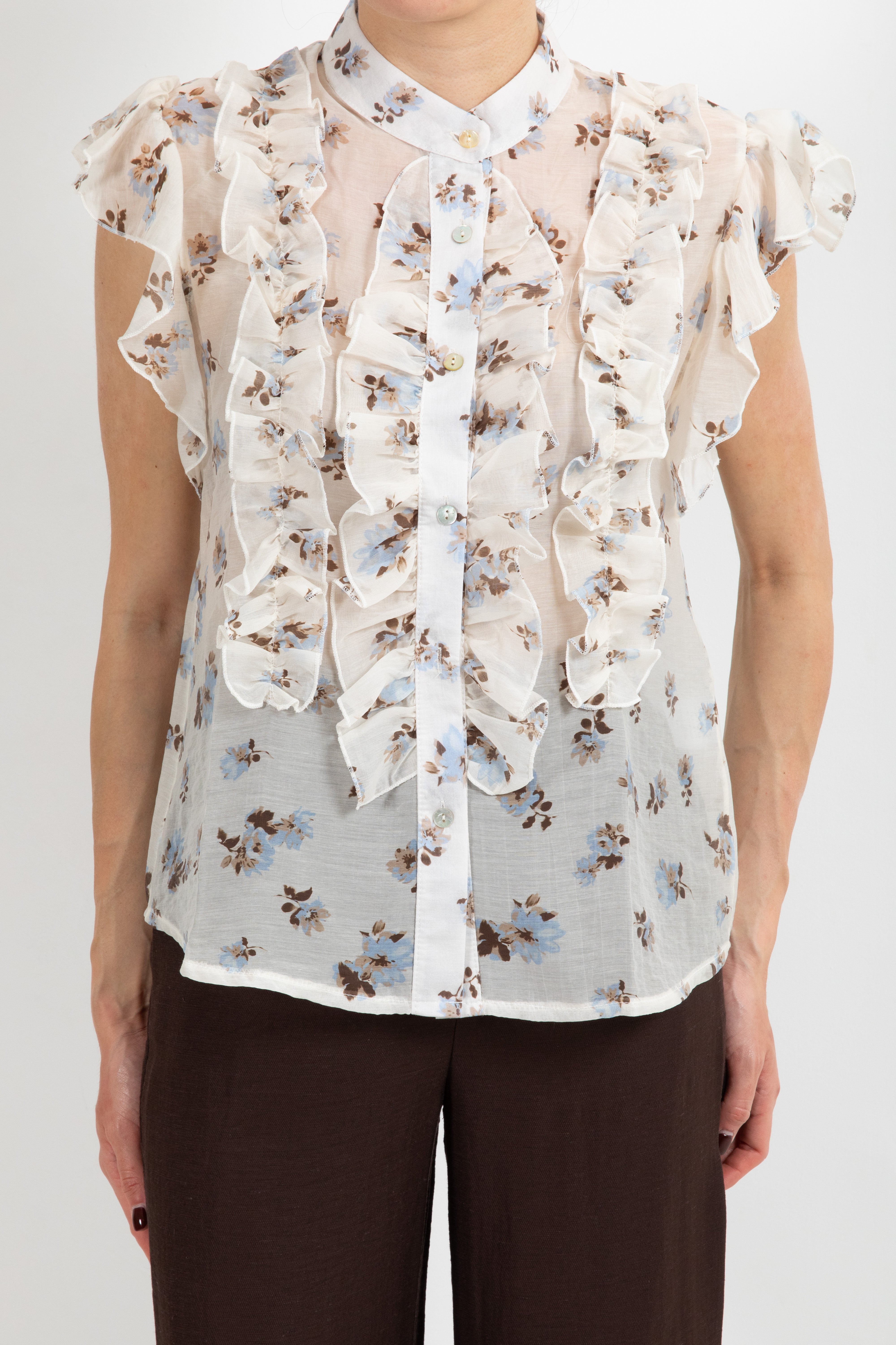 Camicia smanicata con rouches fantasia flowers celeste Susy Mix