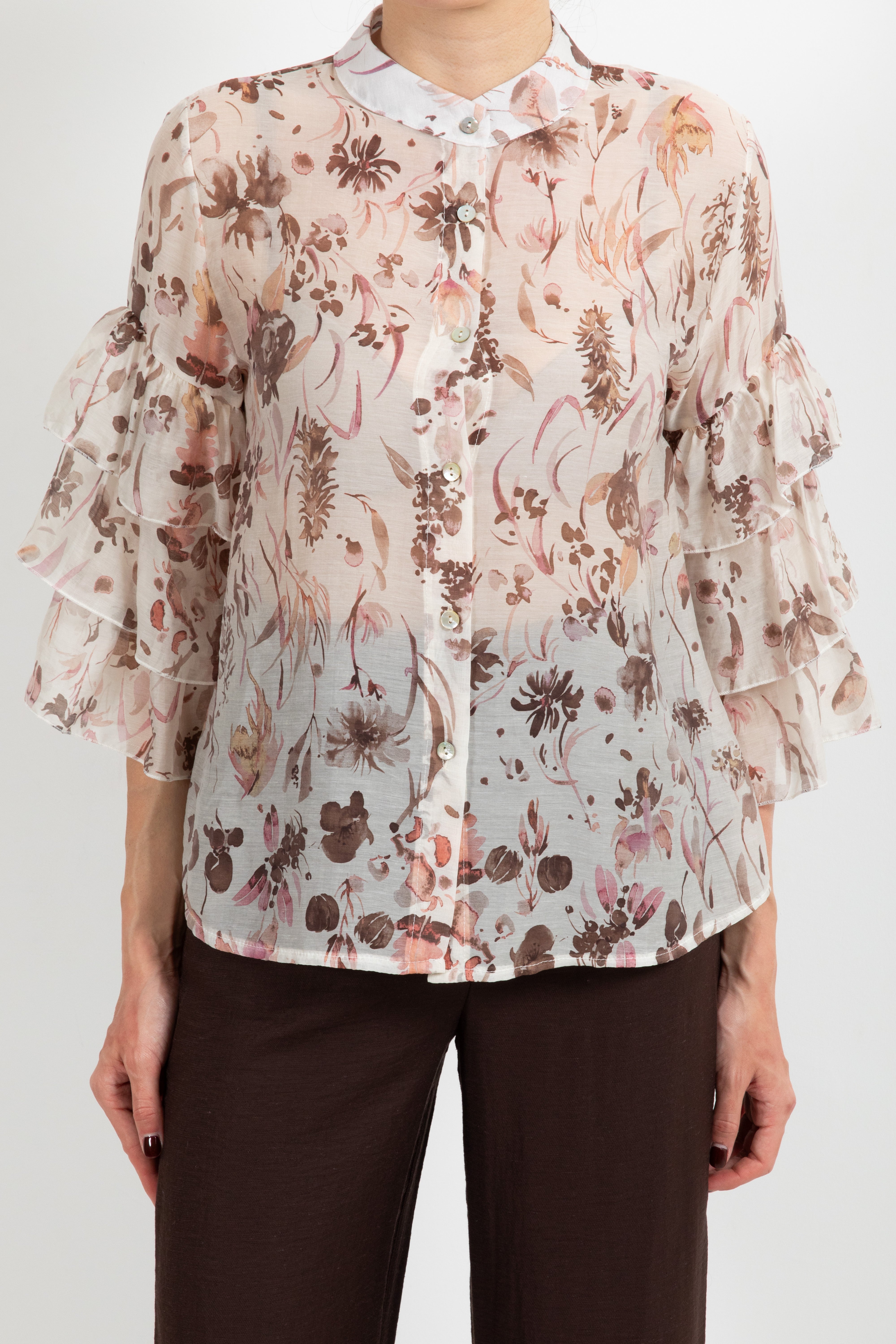 Camicia con balze sulla manica fantasia foliage rosa Susy Mix