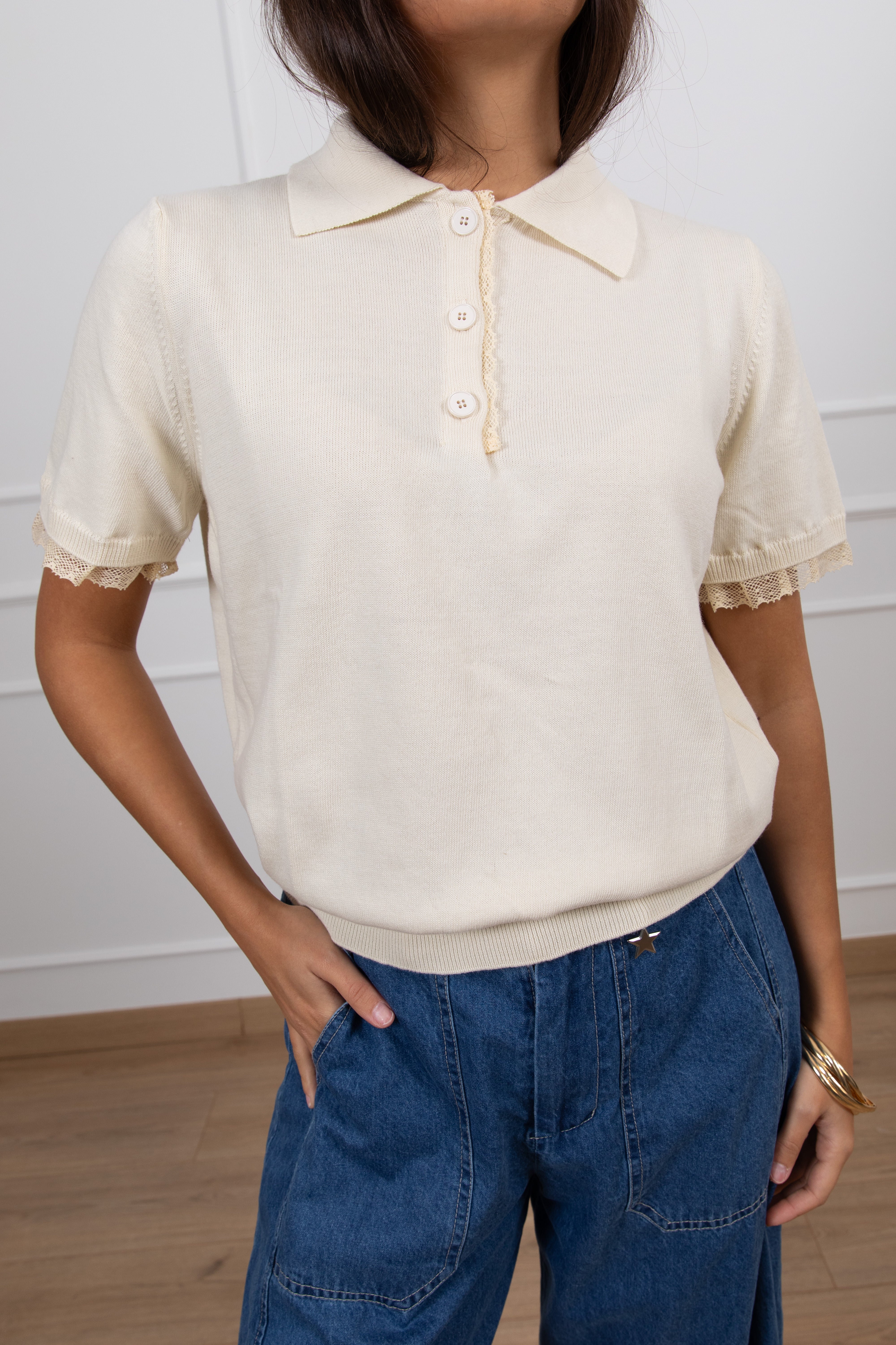 Polo in cotone a manica corta con dettaglio in pizzo ViCOLO