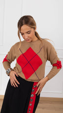Maglia girocollo maxi rombo variante camel/rosso/viola Tensione IN
