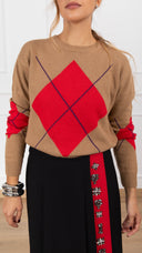 Maglia girocollo maxi rombo variante camel/rosso/viola Tensione IN