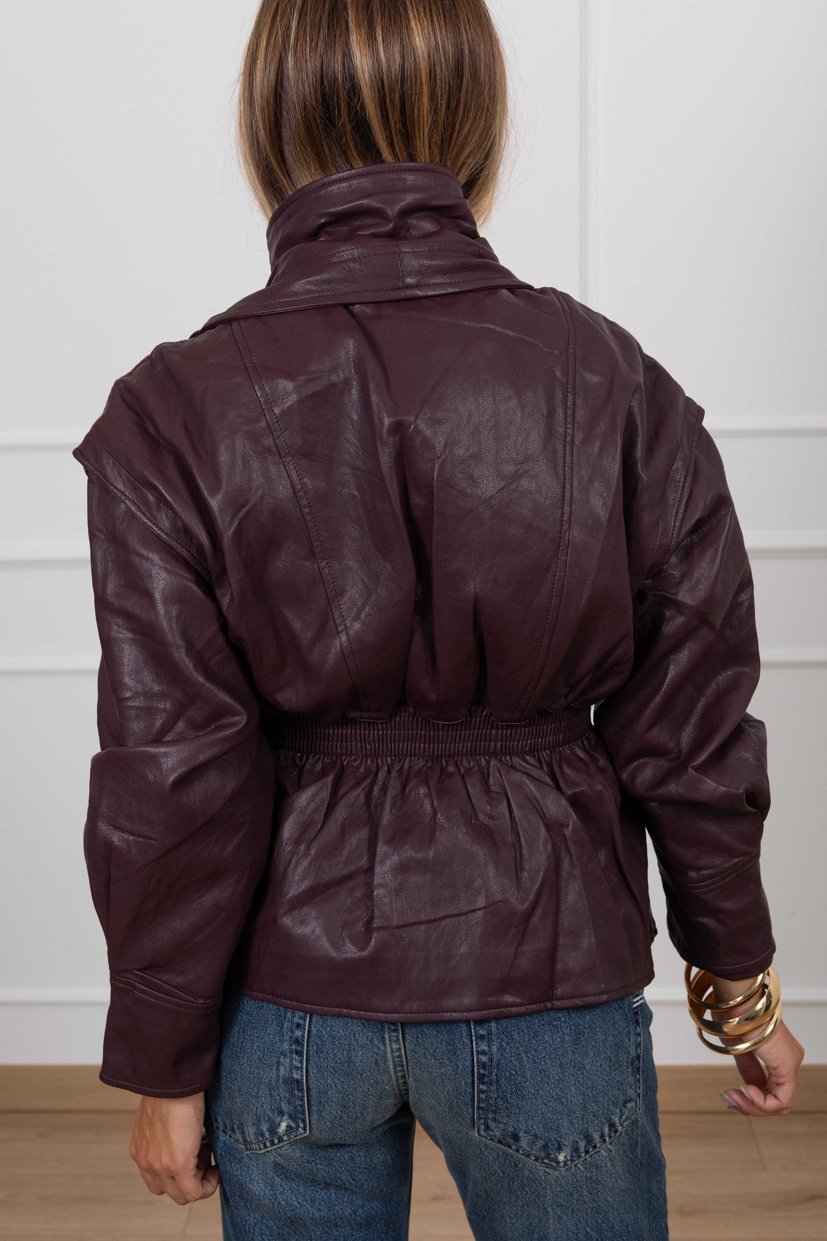 Giacca in eco-pelle con elastico in vita variante bordeaux Susy Mix