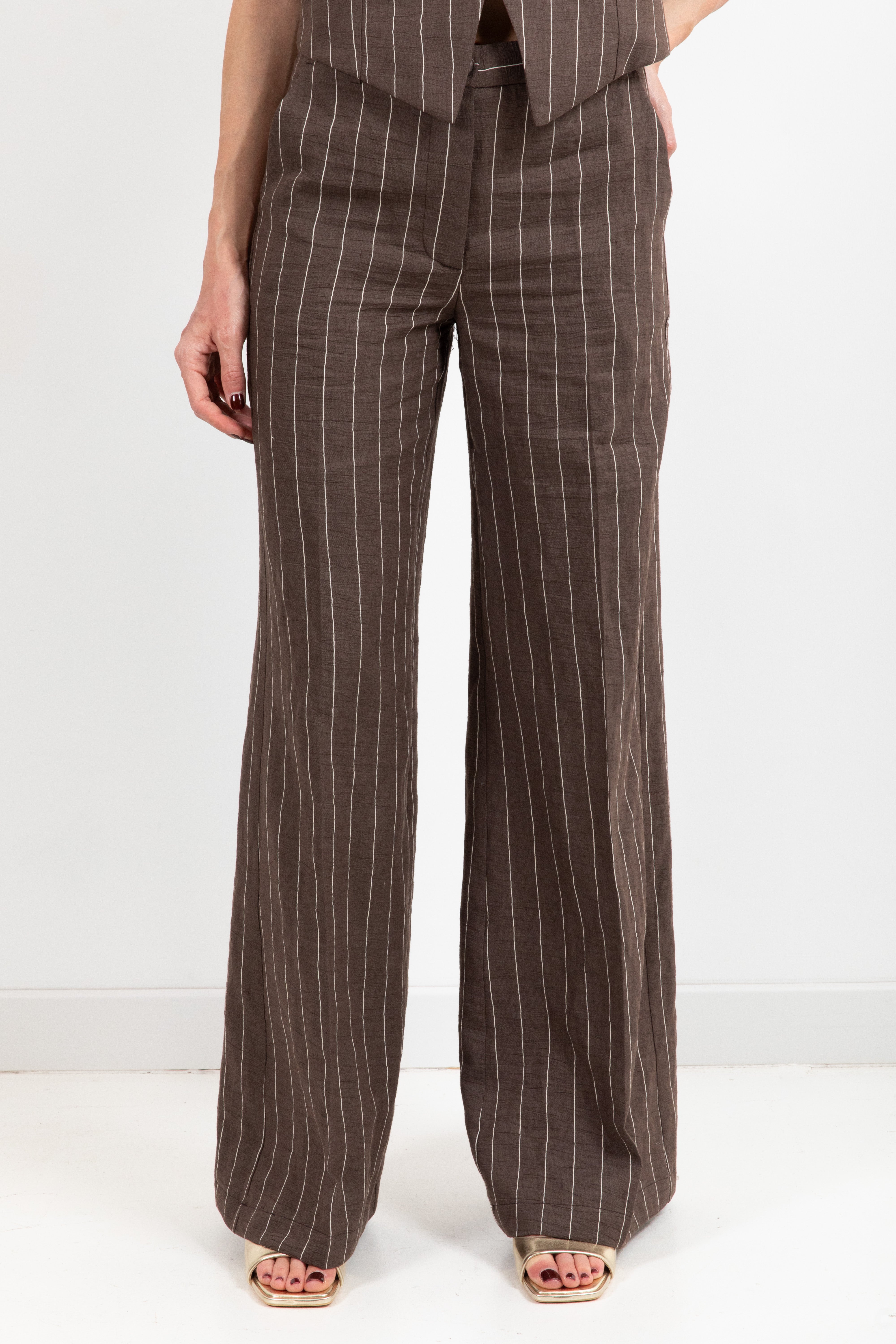 Pantalone gamba dritta gessato moro in lino e cotone ViCOLO
