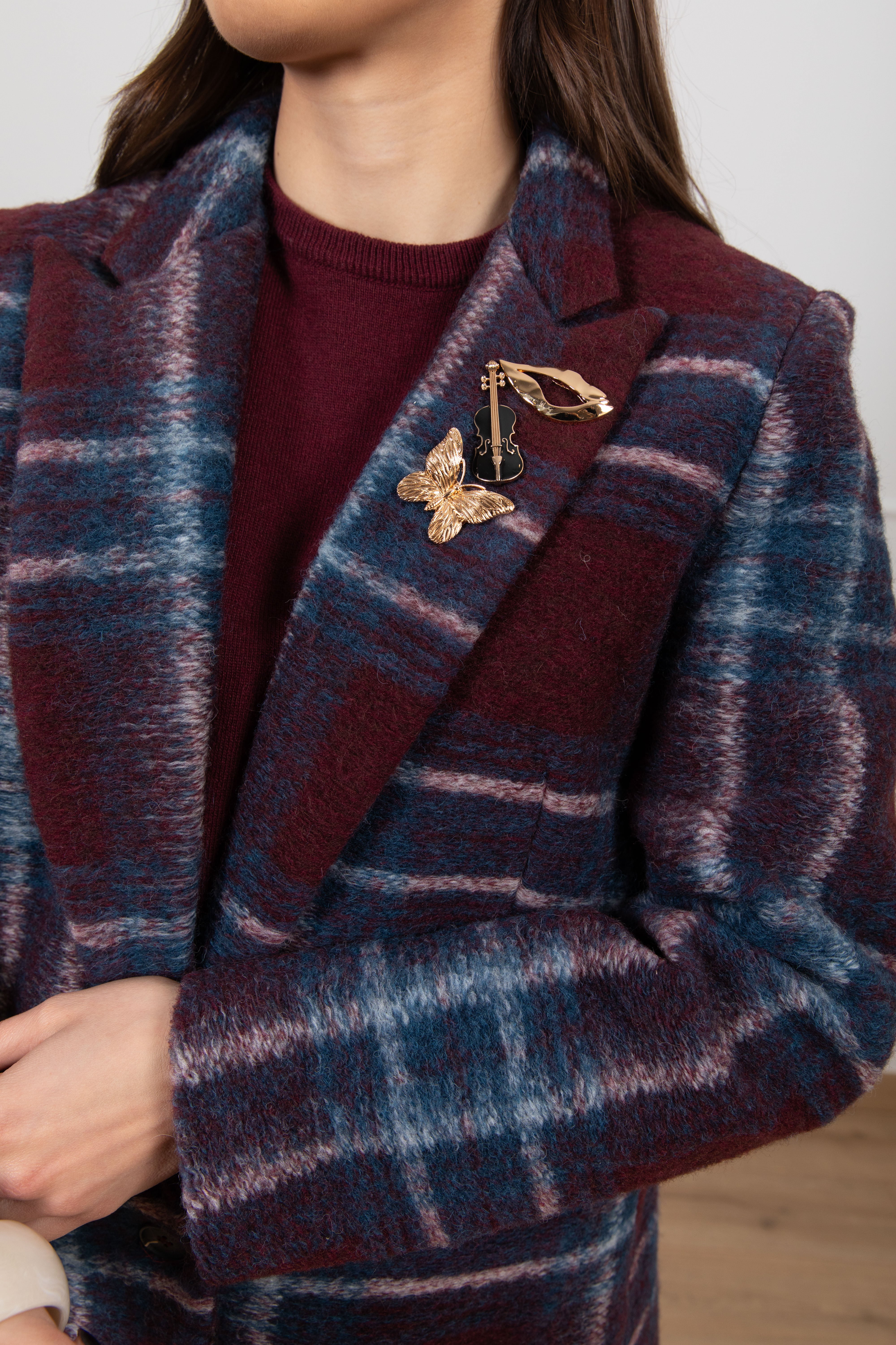 Giacca-cappotto check mono-bottone in lana con spille Susy Mix