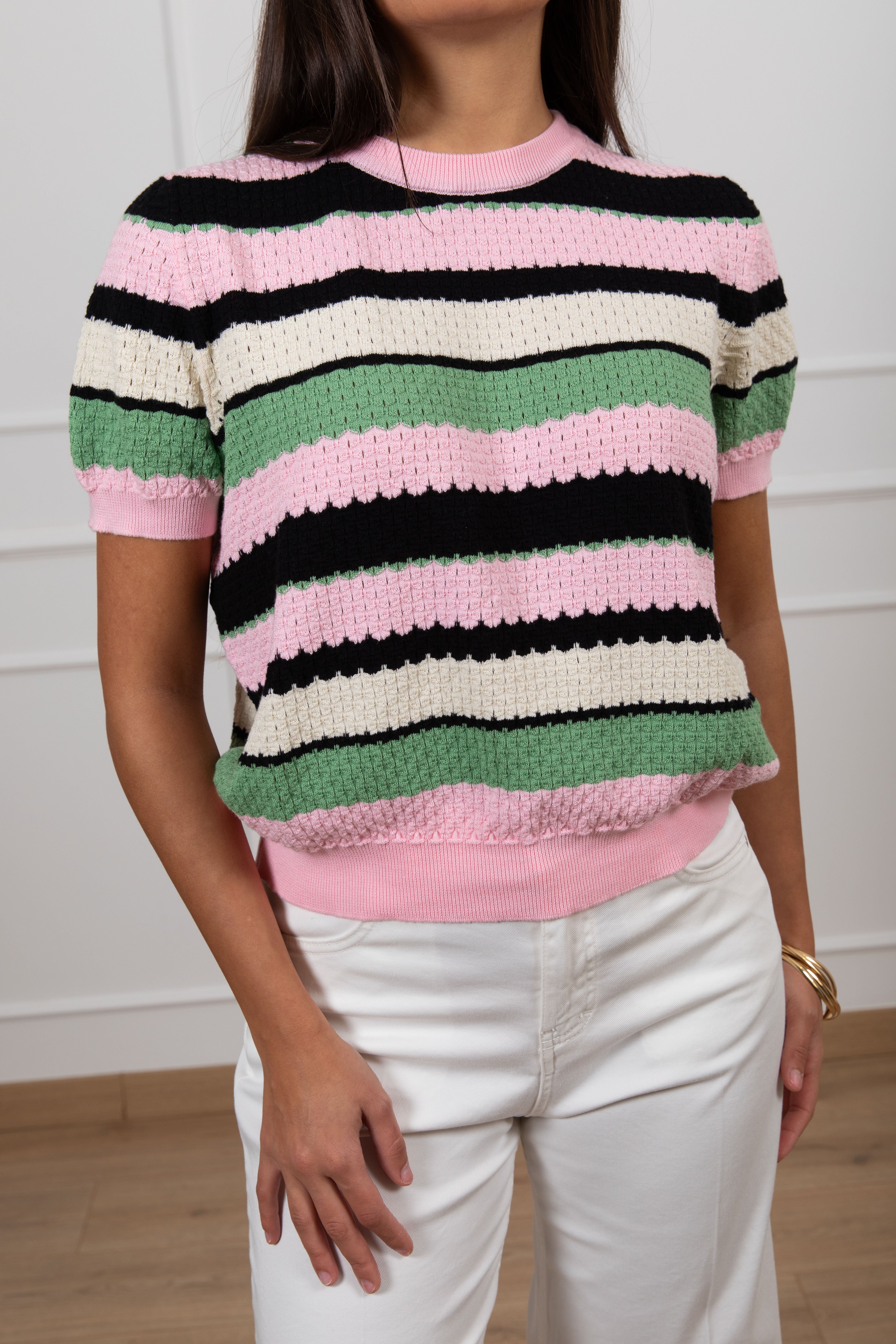 T-shirt in cotone a righe con motivo traforato ViCOLO