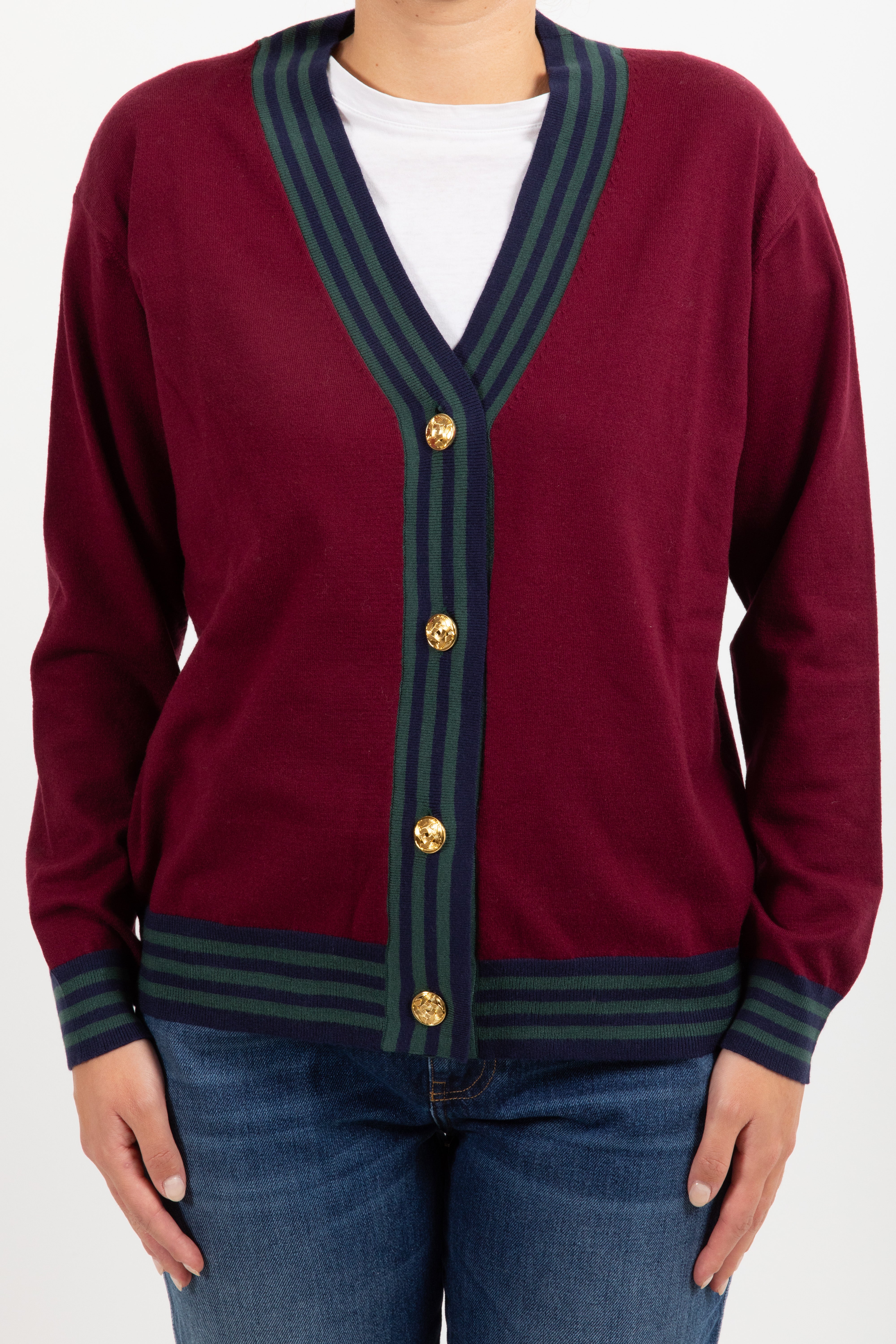 Cardigan bordo a righe e bottoni oro ViCOLO